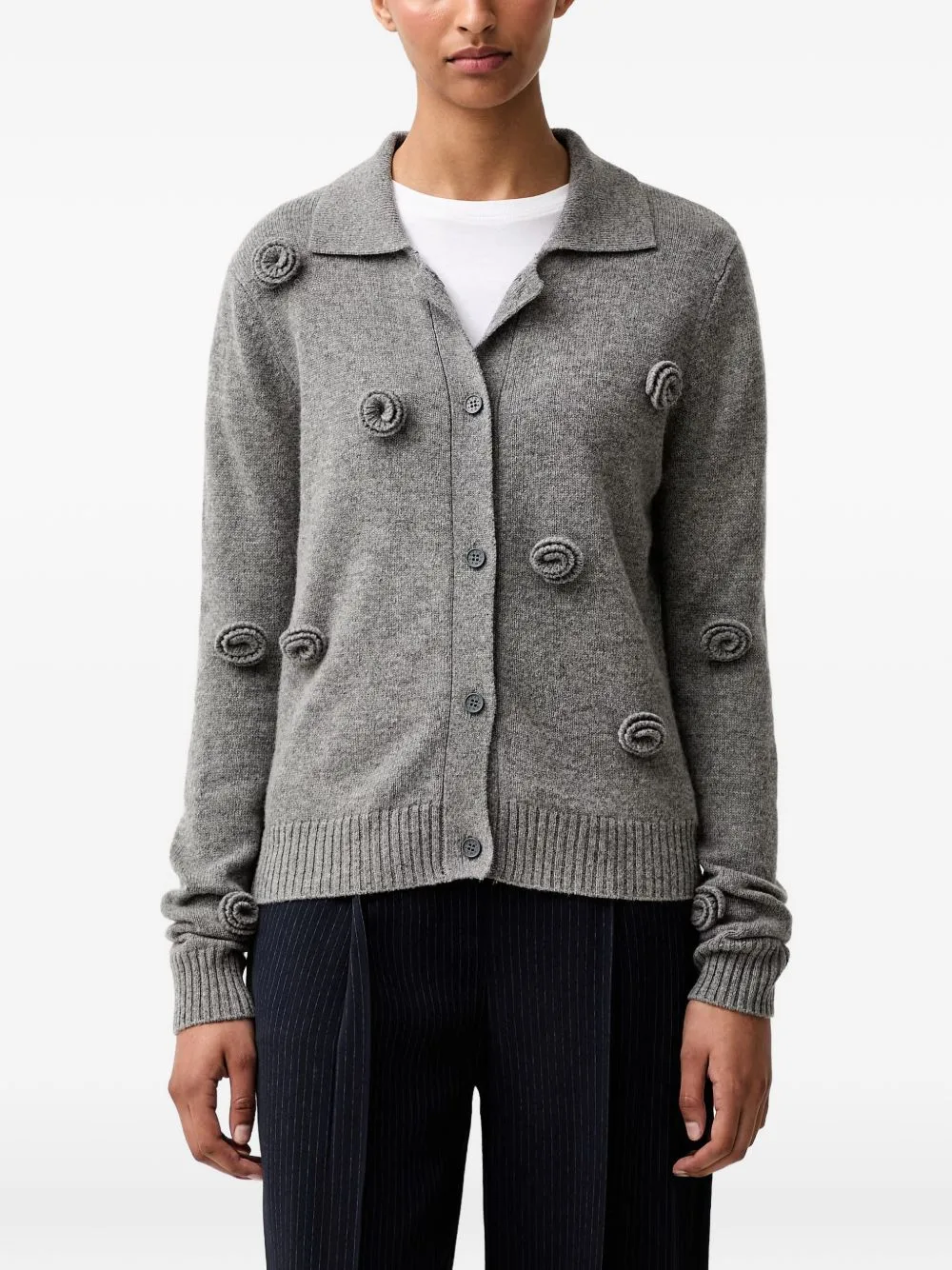Flower-Appliqué Collared Cardigan by Stine Goya