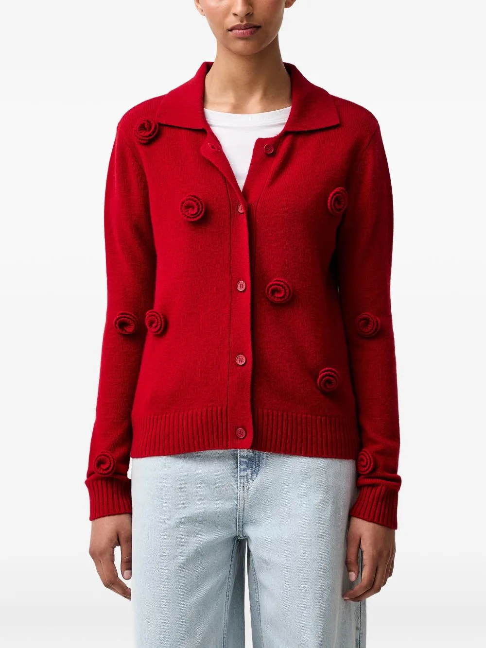 Flower-Appliqué Collared Cardigan