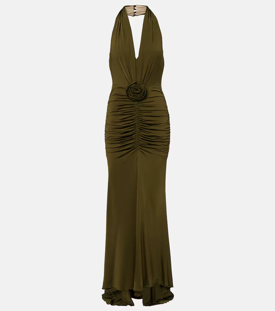 Floral-Appliqué Ruched Maxi Dress
