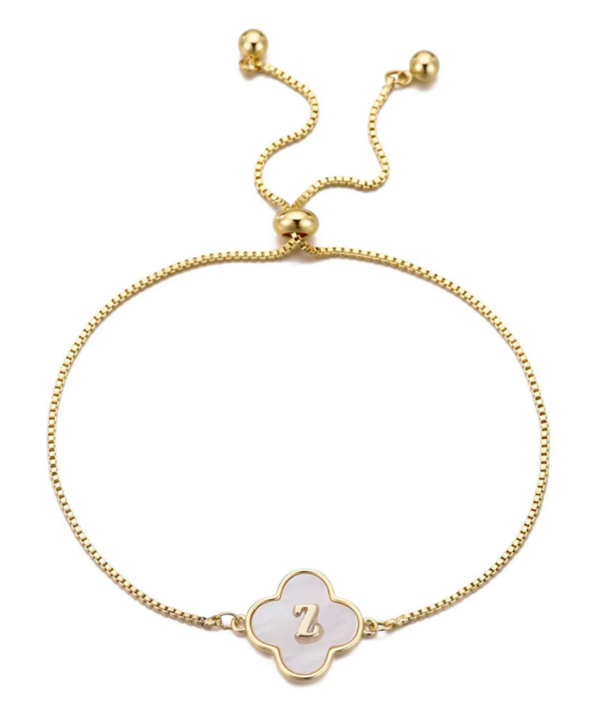 Gold Mother of Pearl Initial Clover Bolo Bracelet by Adornia