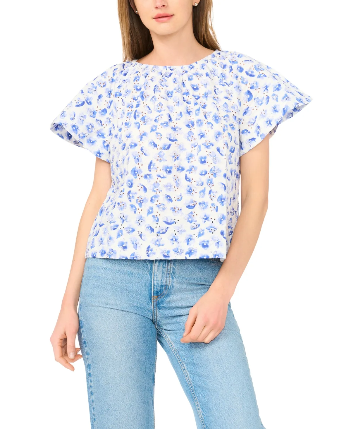 Floral Ruffle-Sleeve Crewneck Cotton Top