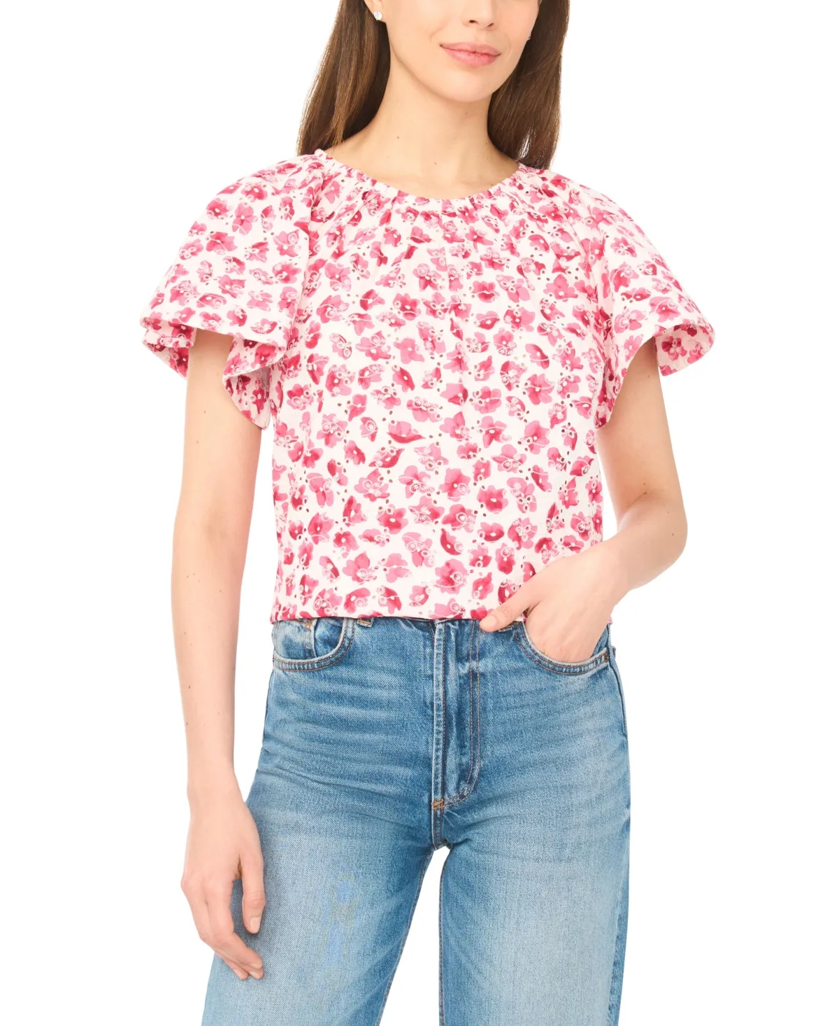 Floral Ruffle-Sleeve Crewneck Cotton Top