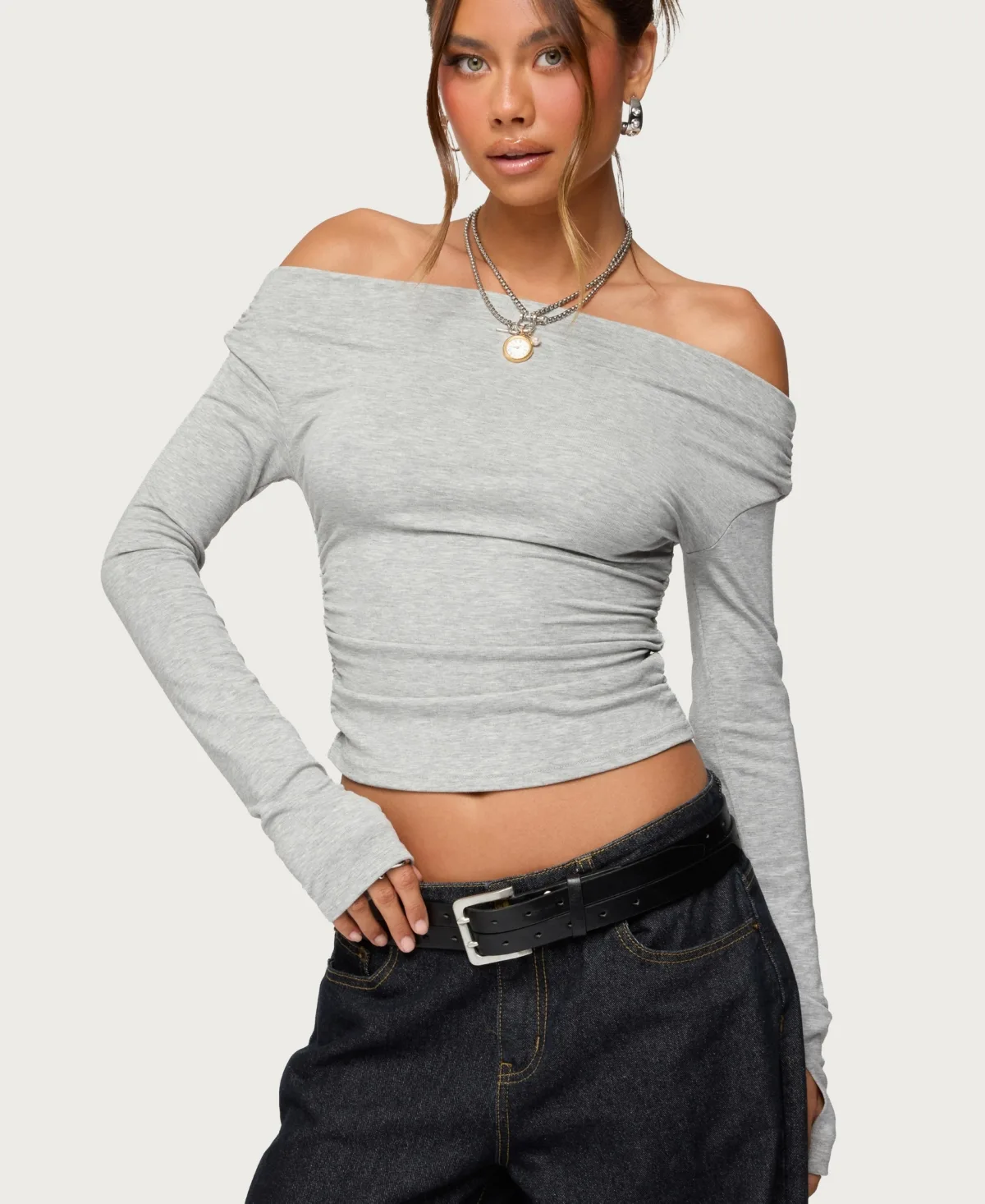 Milane Ruched Off Shoulder Ribbed Top