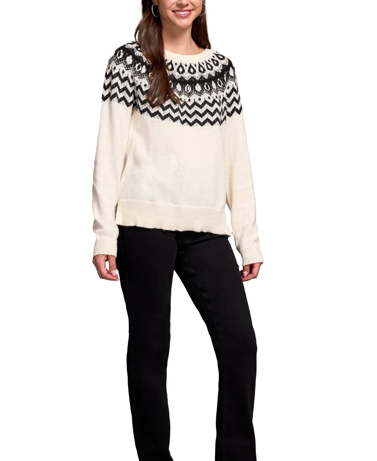 Soft Beaded Fair Isle Scoop Neck Sweater