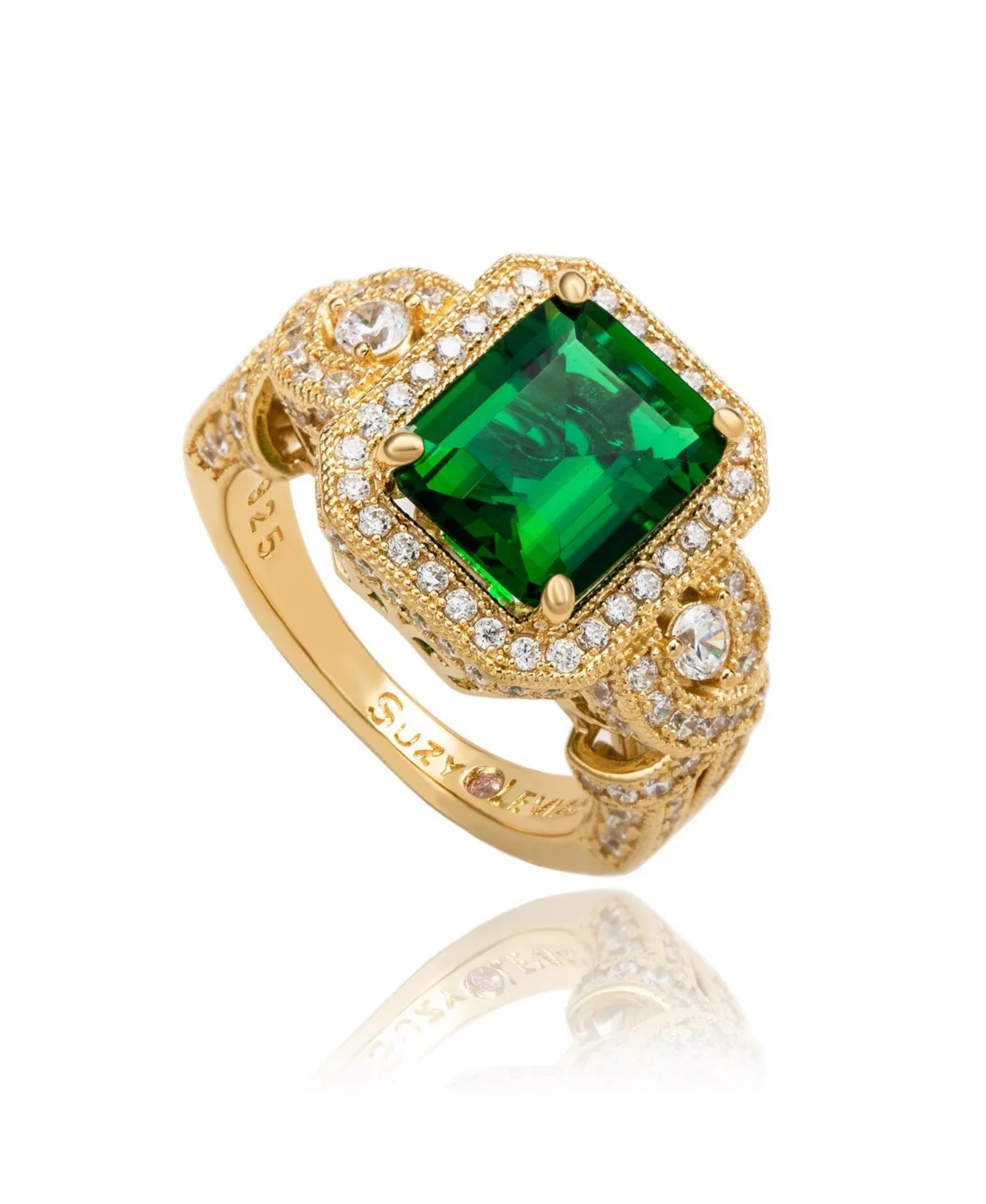Suzy Levian Yellow Sterling Silver Emerald-Cut and White Cubic Zirconia Pave Ring by Suzy Levian New York