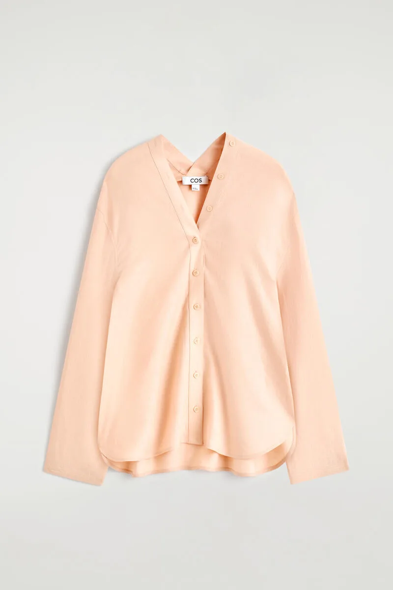 Button-Detail Linen V-Neck Shirt