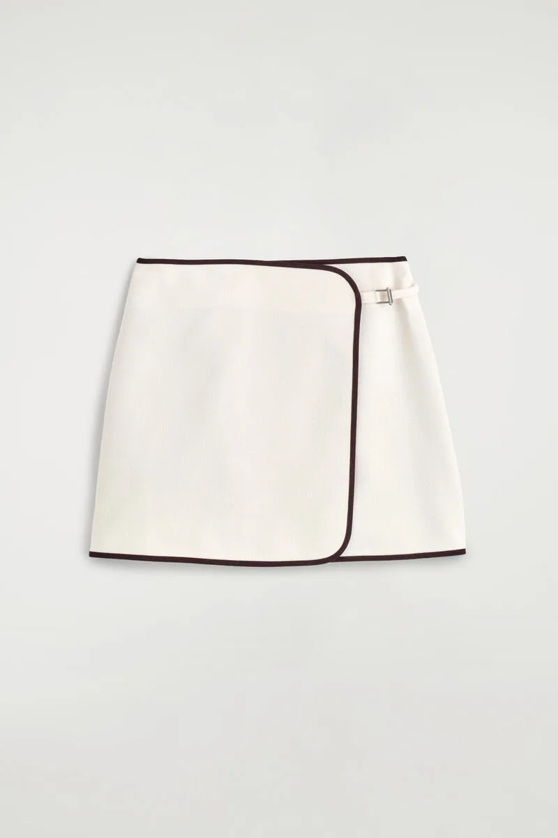 Contrast-Trimmed Mini Wrap Skirt