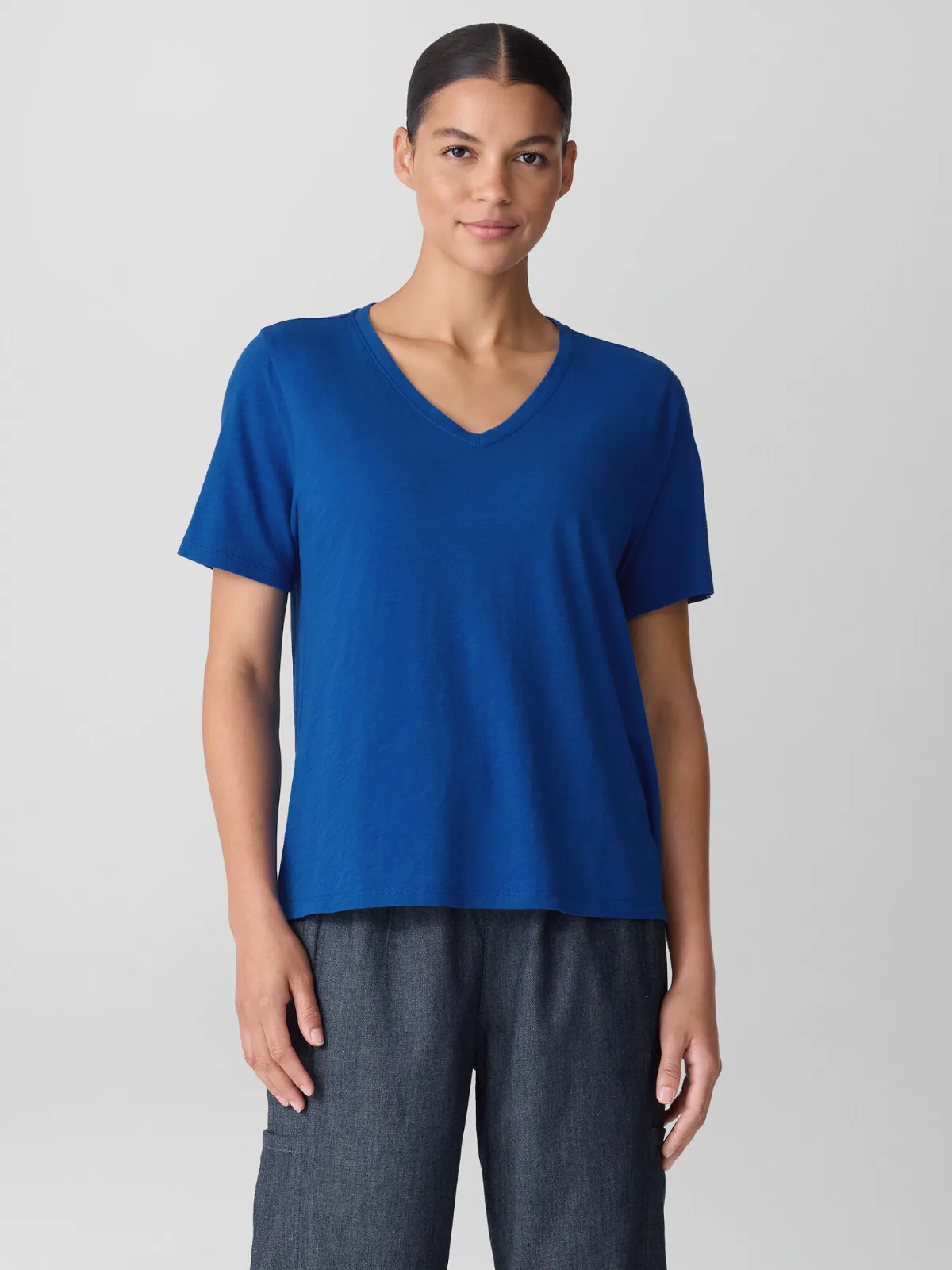 Organic Cotton Slubby Jersey V-Neck Tee by EILEEN FISHER