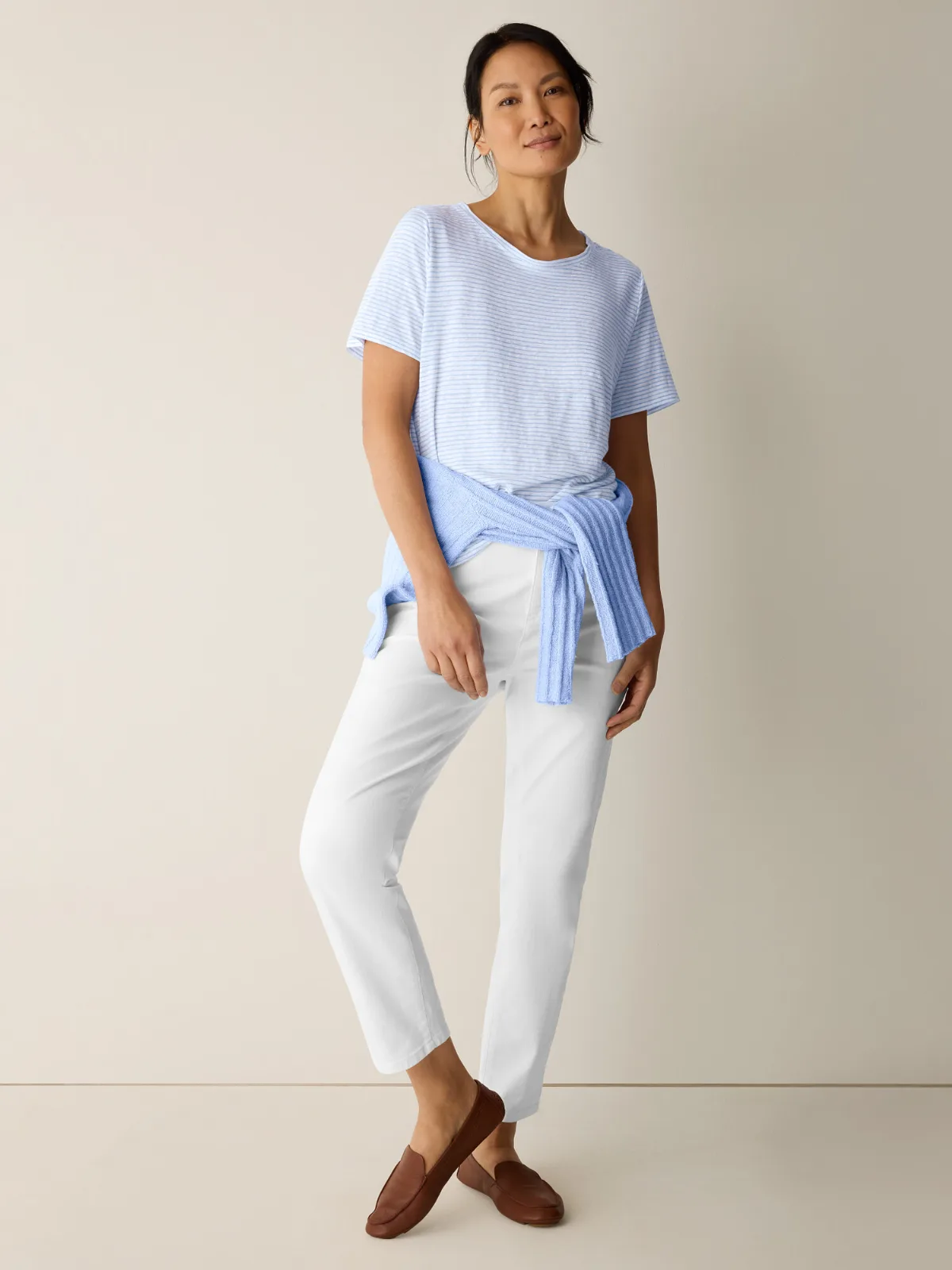 Striped Organic Linen Jersey Crew Neck Tee by EILEEN FISHER