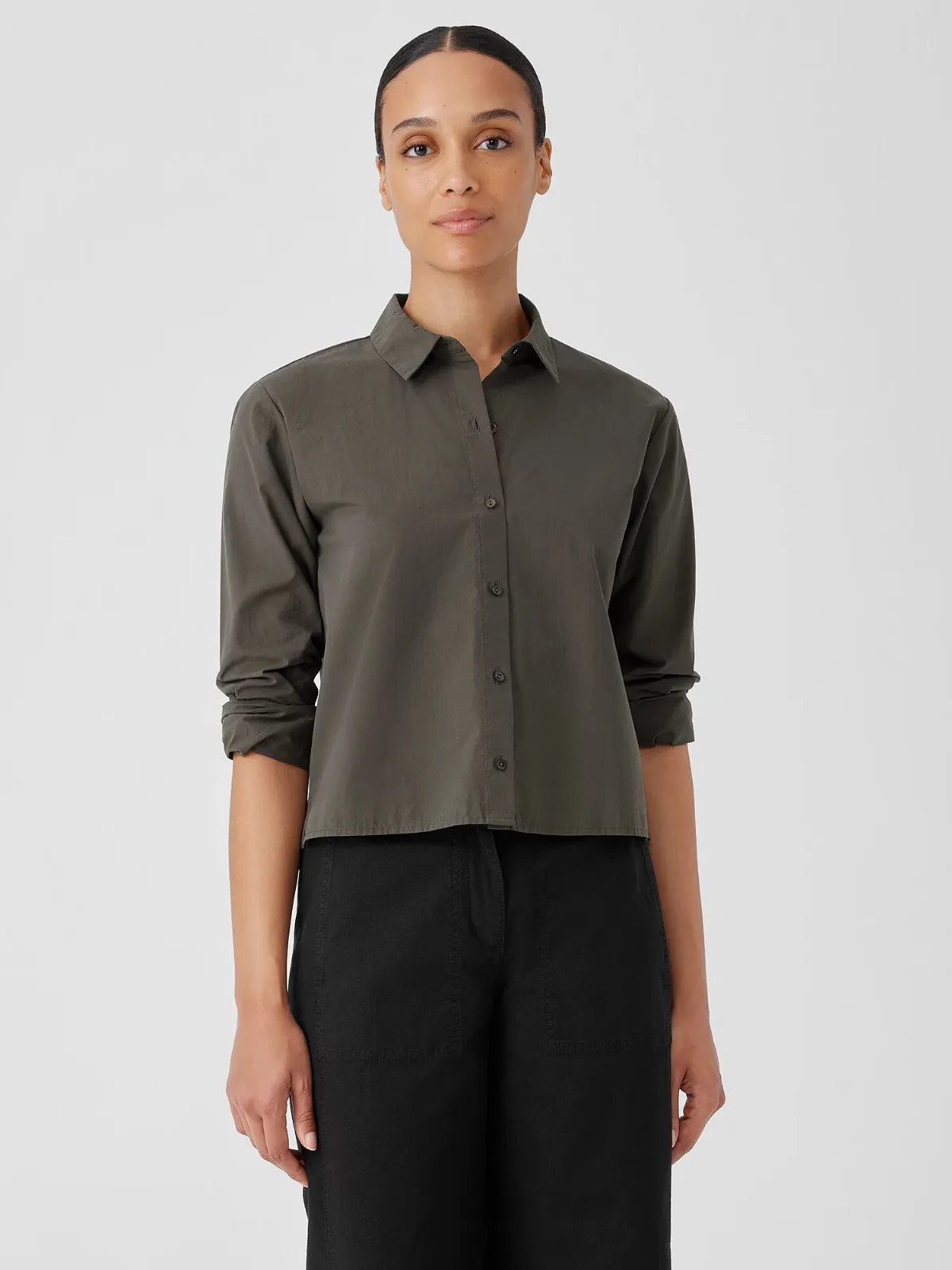 Washed Organic Cotton Poplin Classic Collar Short Shirt by EILEEN FISHER