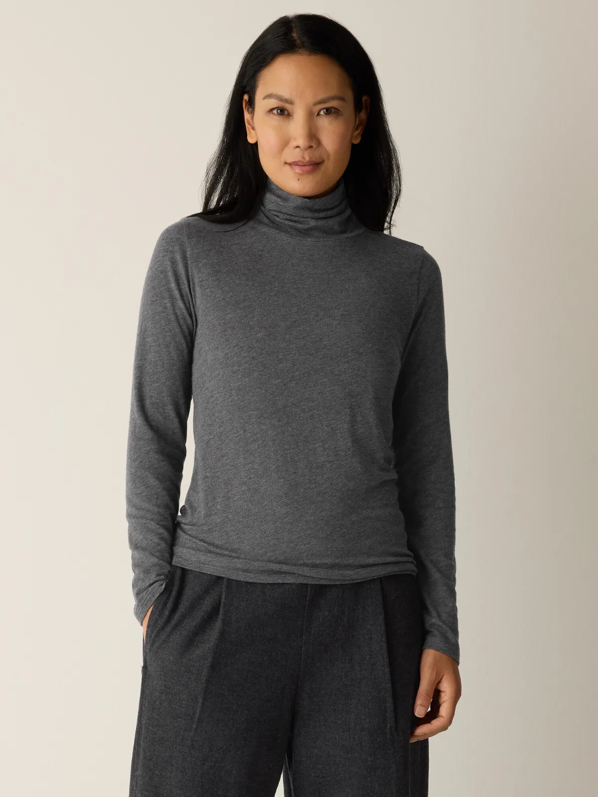 Melange Sheer Cotton Blend Knit Turtleneck Top