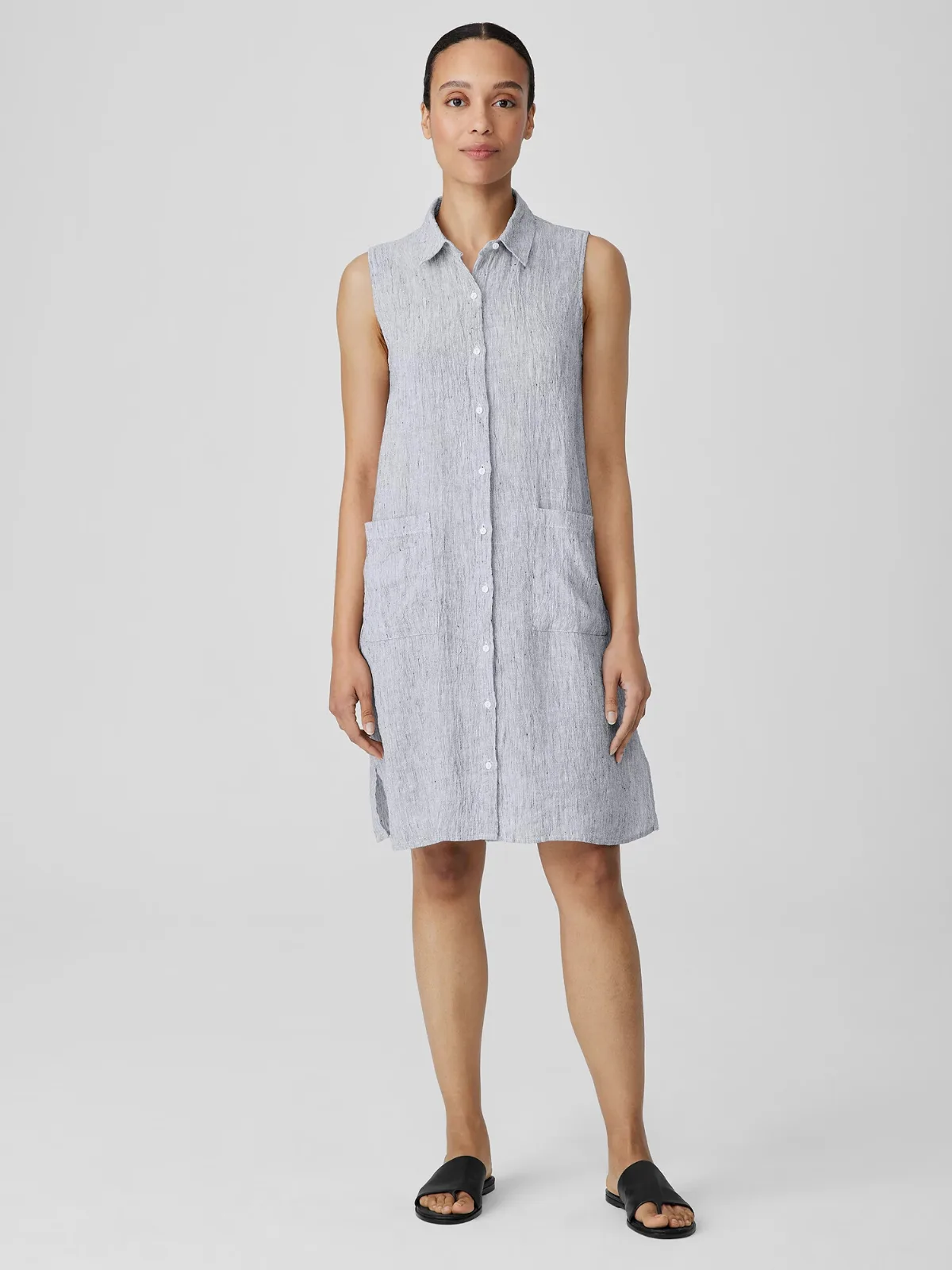 Striped Organic Linen Crinkle Sleeveless Shirtdress