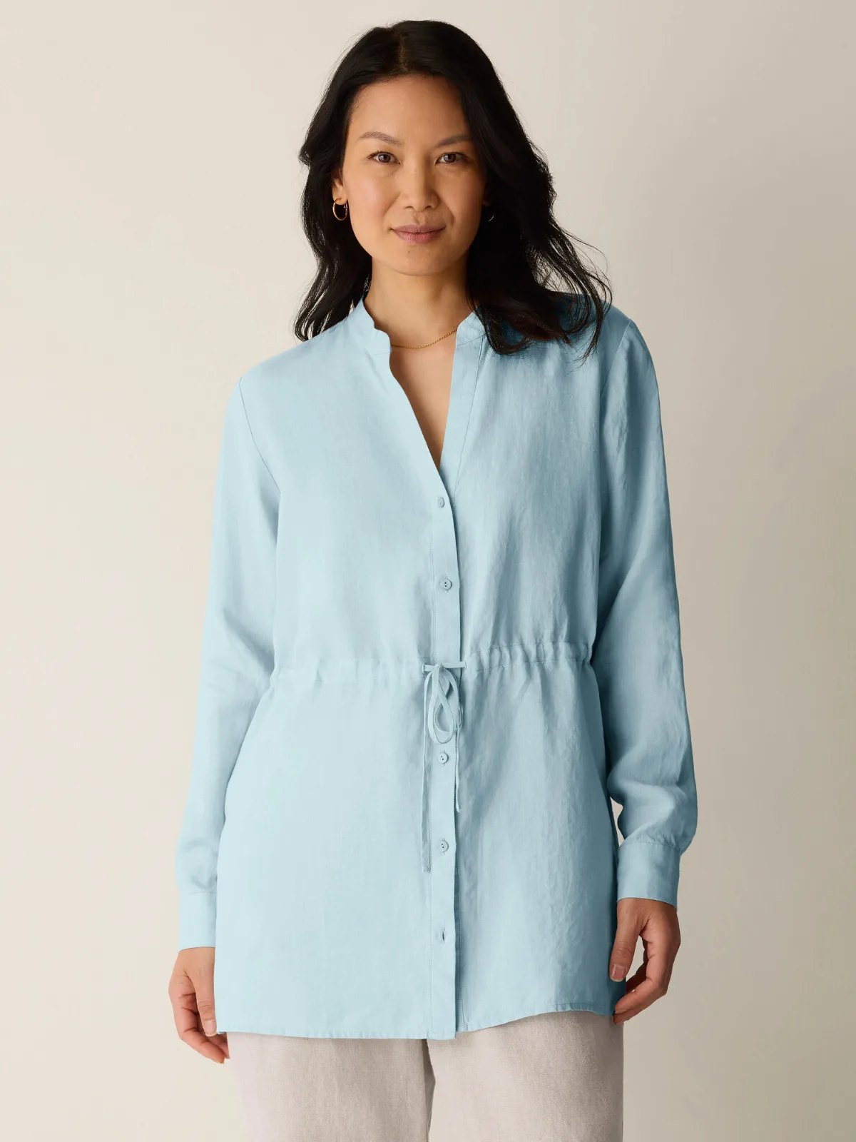 Organic Handkerchief Linen Band Collar Drawstring Shirt by EILEEN FISHER