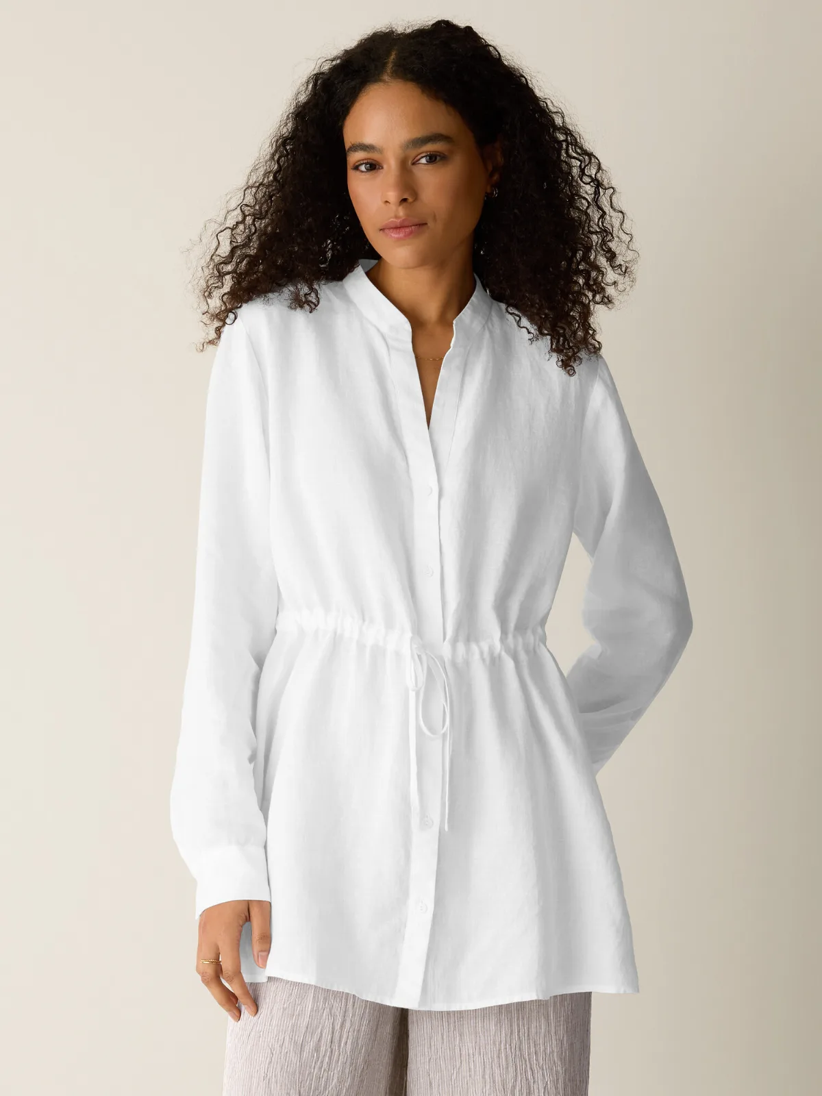 Organic Handkerchief Linen Band Collar Drawstring Shirt