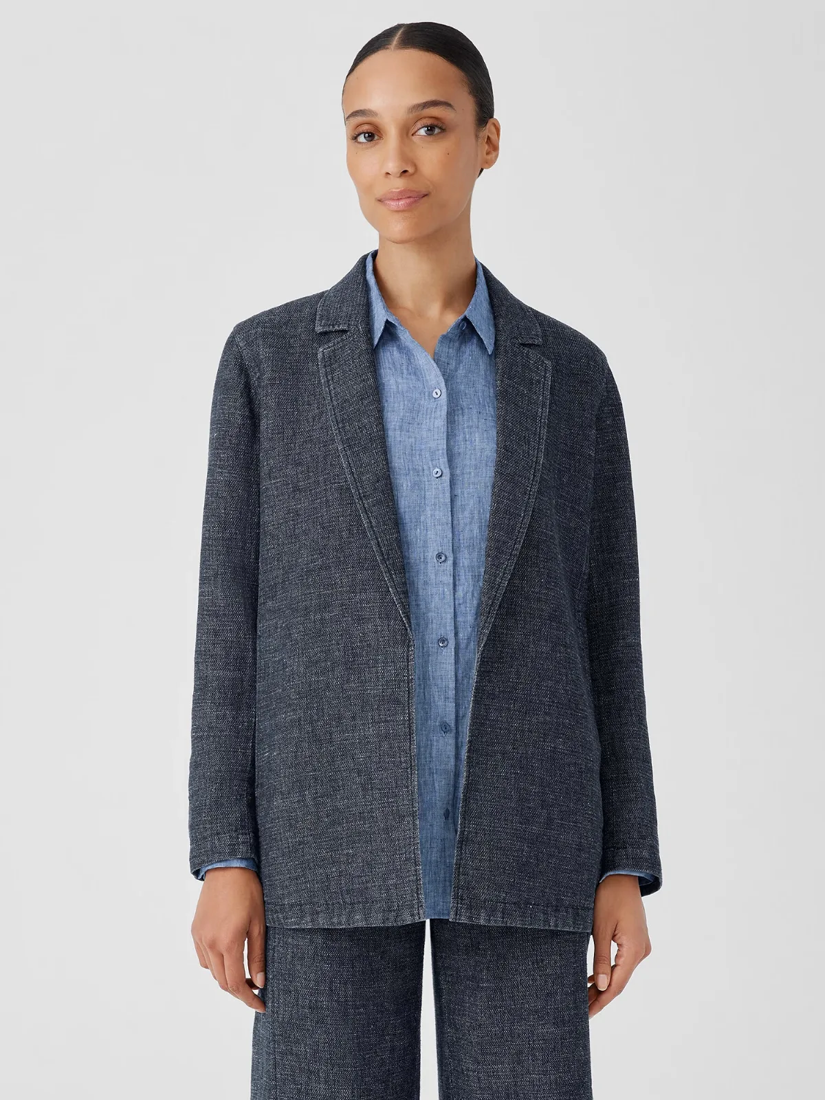 Tweedy Hemp Cotton Long Blazer - Denim