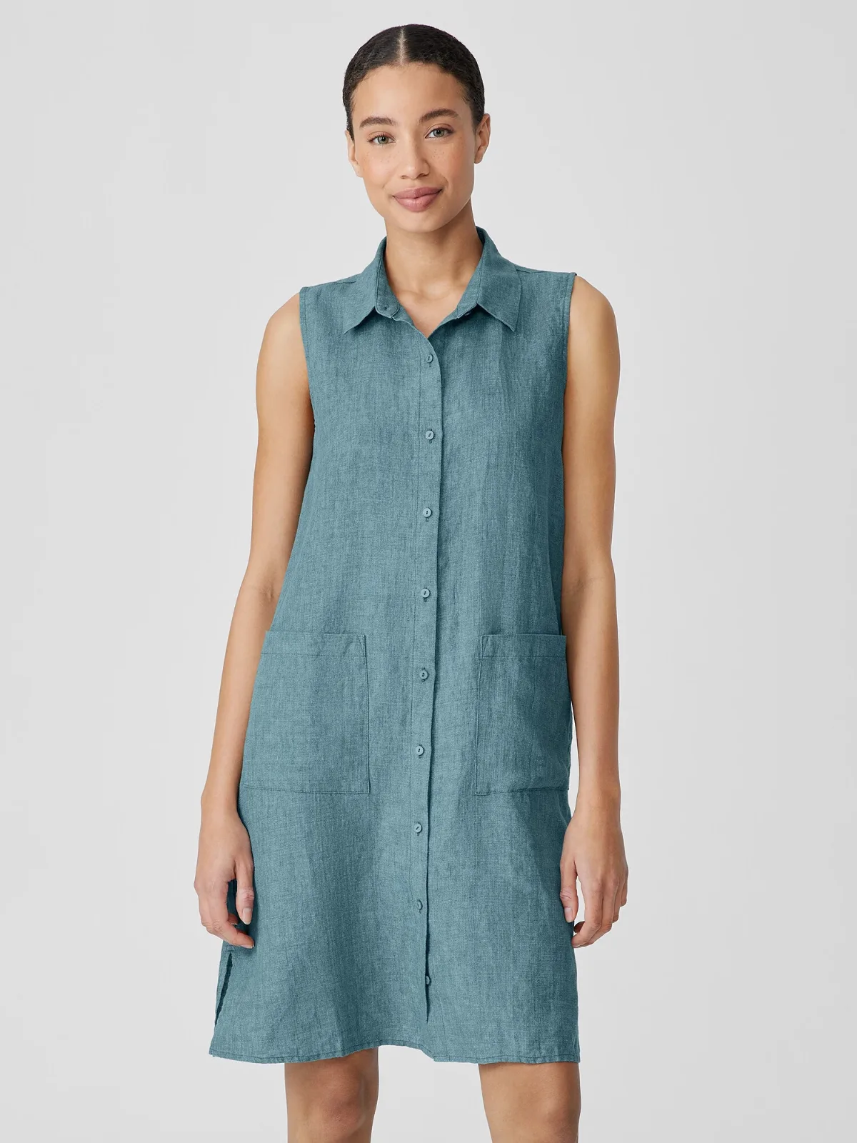 Washed Organic Linen Delave Sleeveless Shirtdress
