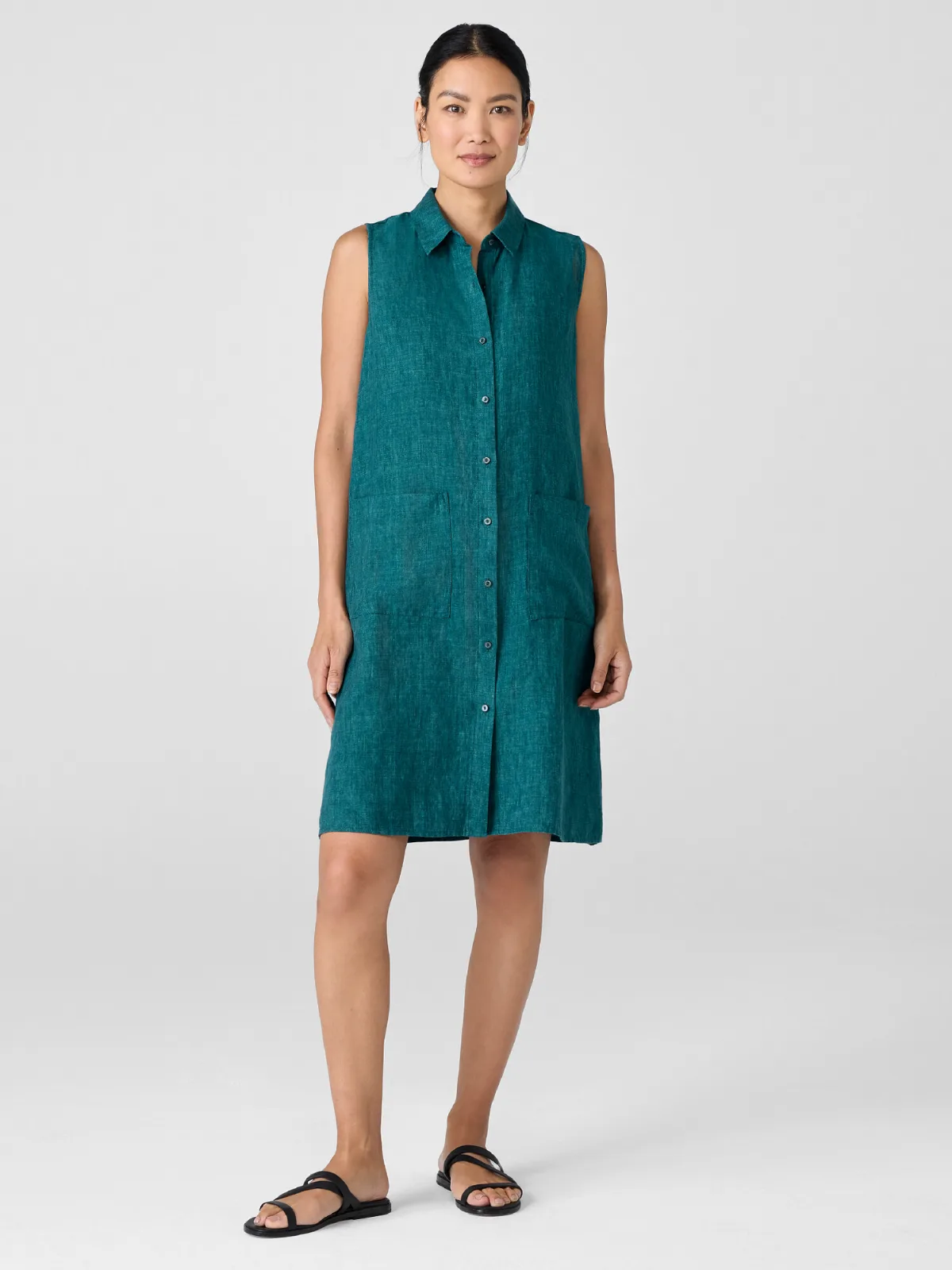 Washed Organic Linen Delave Sleeveless Shirtdress