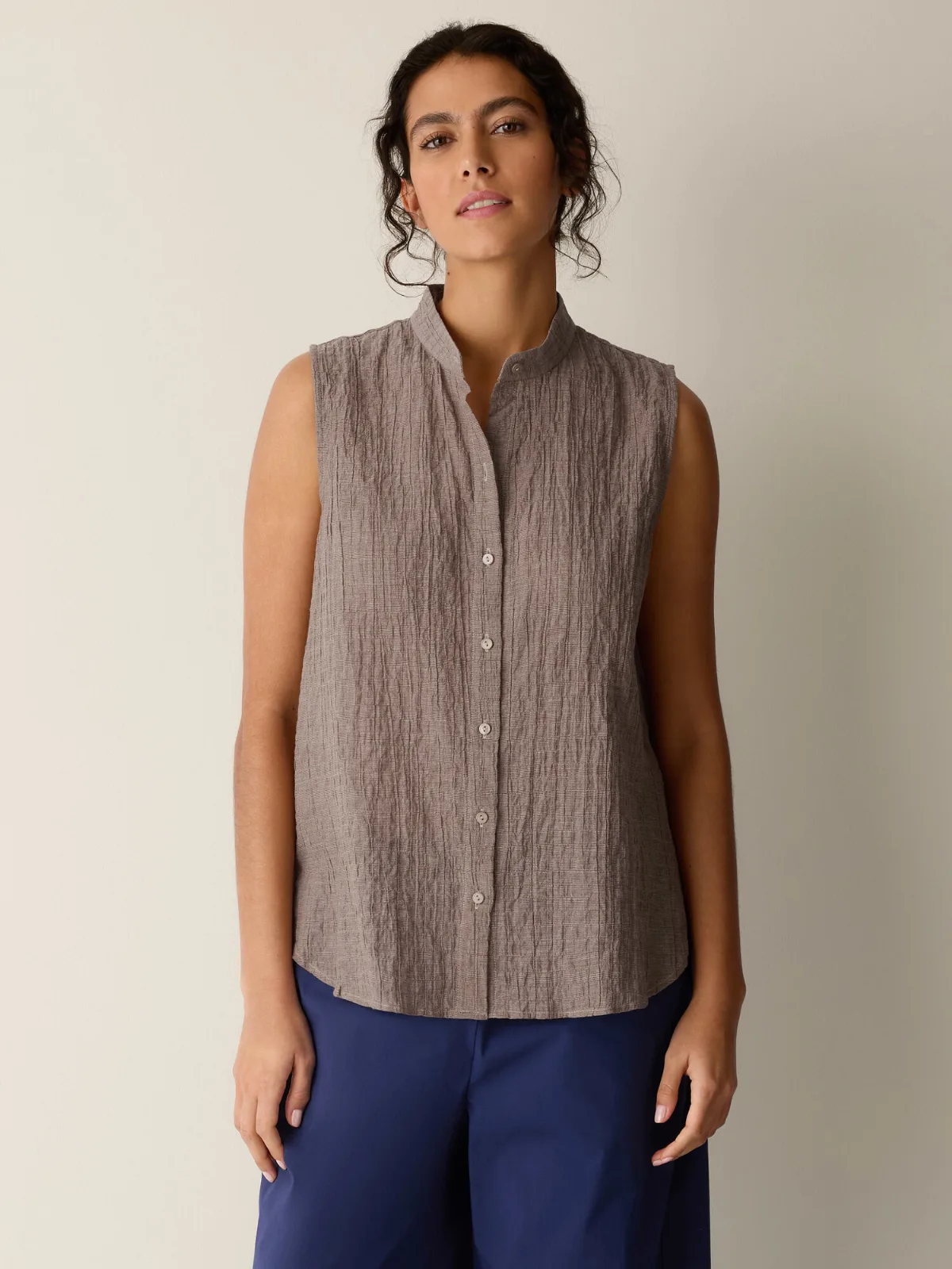 Organic Cotton Microstripe Pucker Sleeveless Shirt