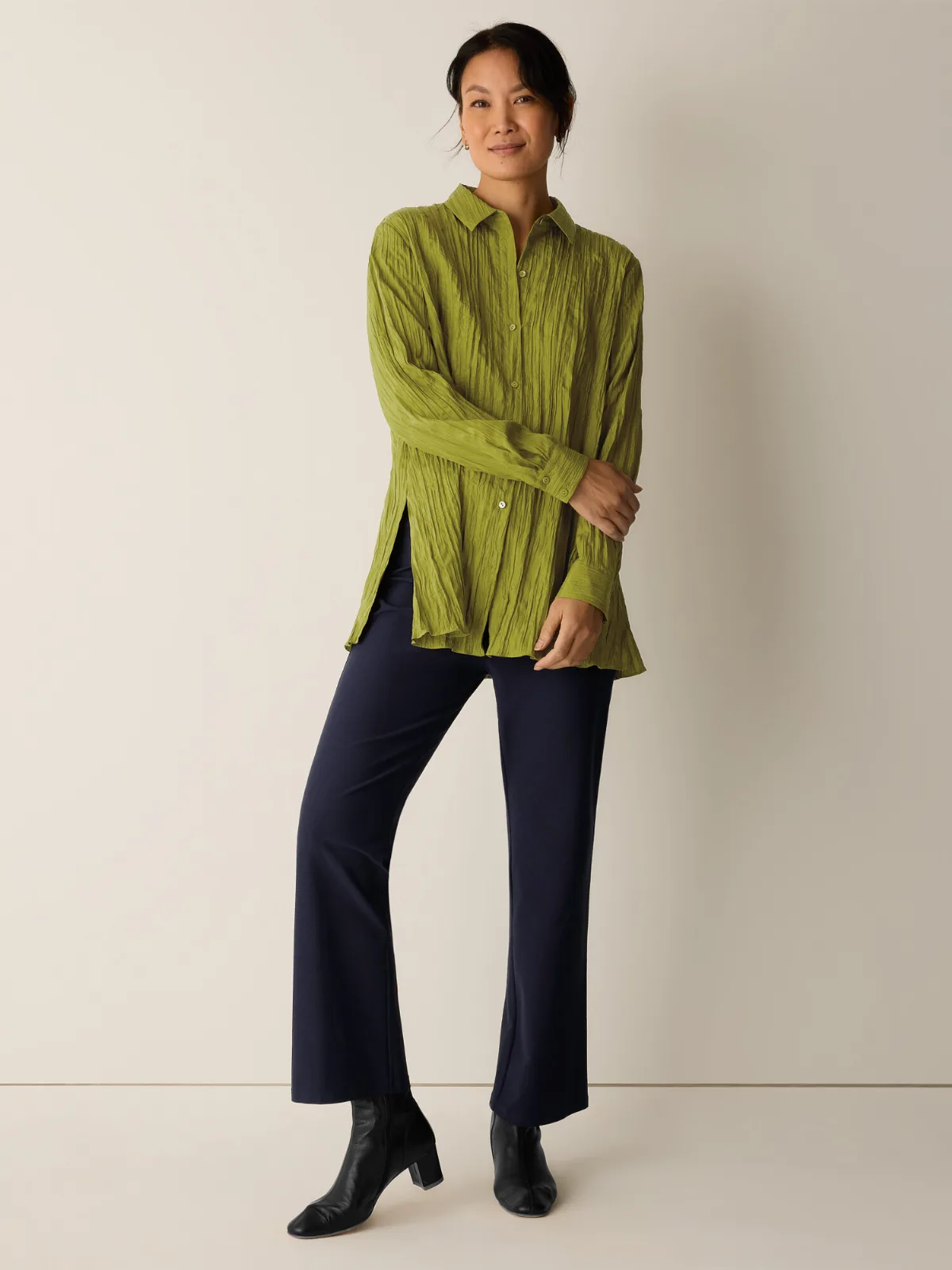 Crinkle Silk Habutai Classic Collar Shirt by EILEEN FISHER