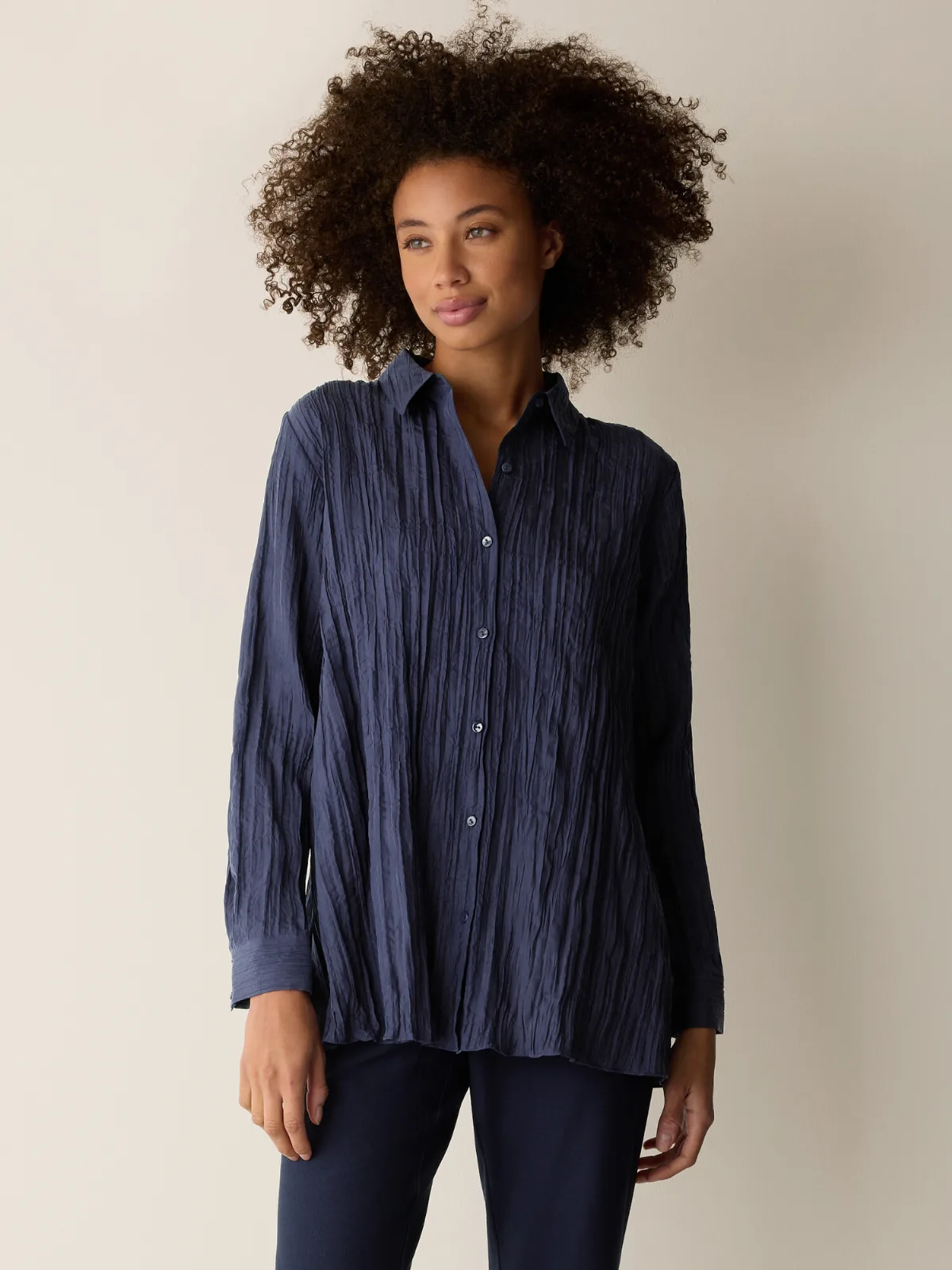Crinkle Silk Habutai Classic Collar Shirt