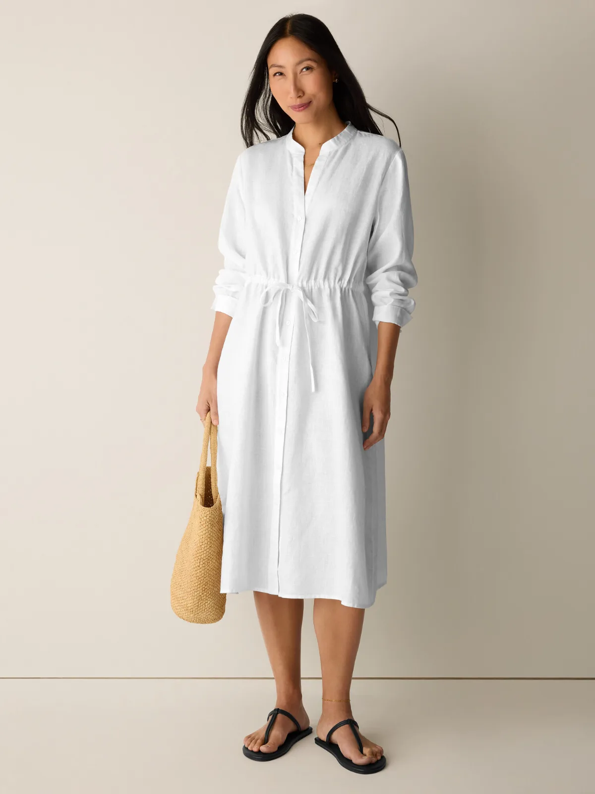 Organic Linen Band Collar Shirtdress