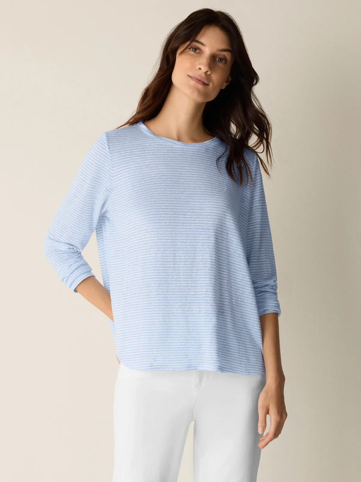 Striped Organic Linen Jersey Long-Sleeve Tee by EILEEN FISHER