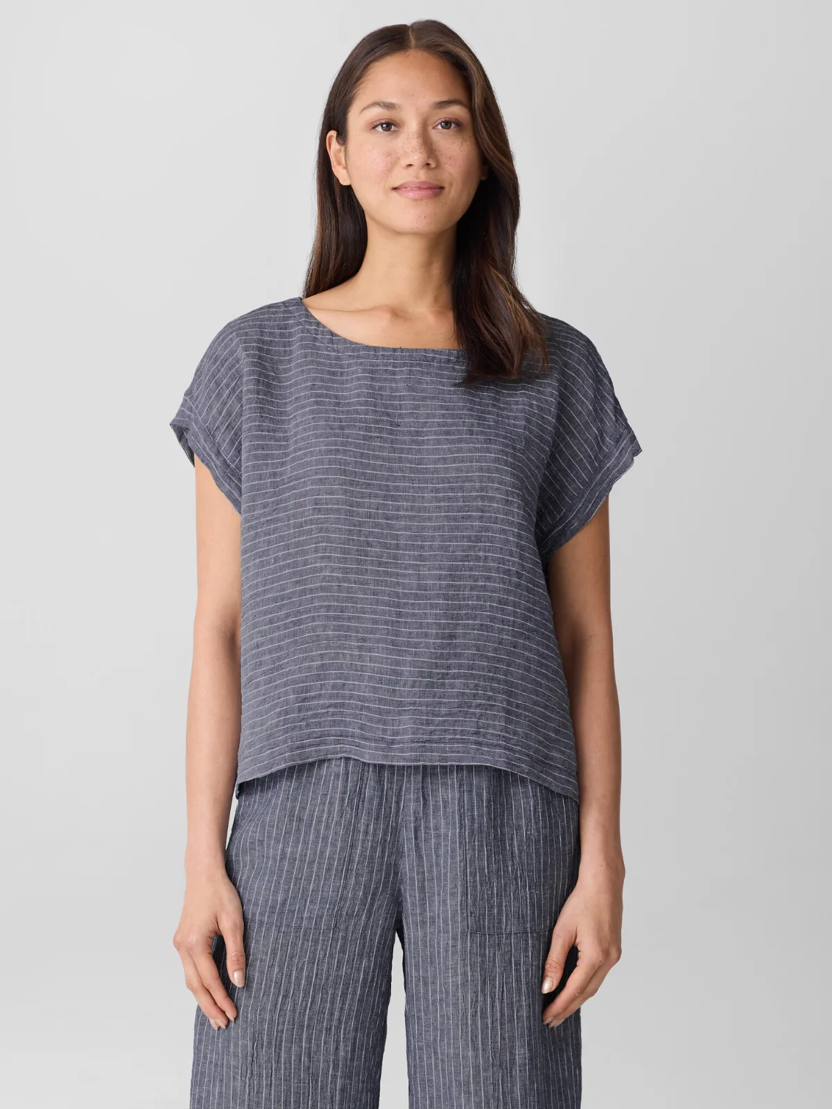 Puckered Organic Linen Ballet Neck Top