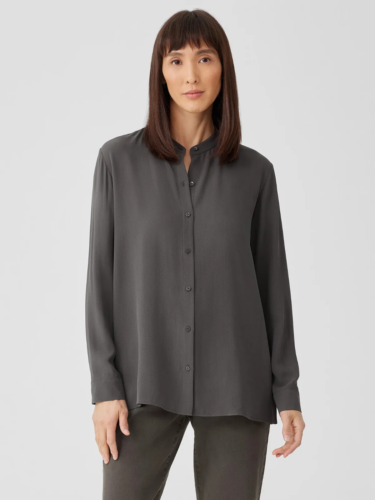 Silk Georgette Crepe Band Collar Shirt by EILEEN FISHER