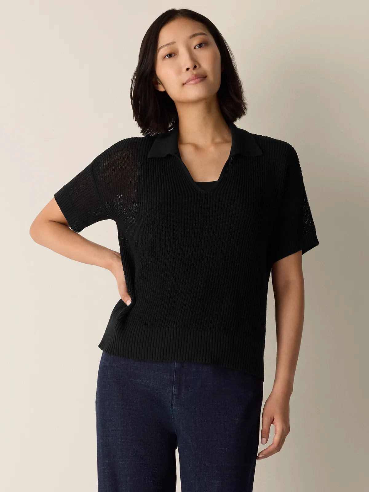 Cotton Silk Cord Split Neck Top by EILEEN FISHER