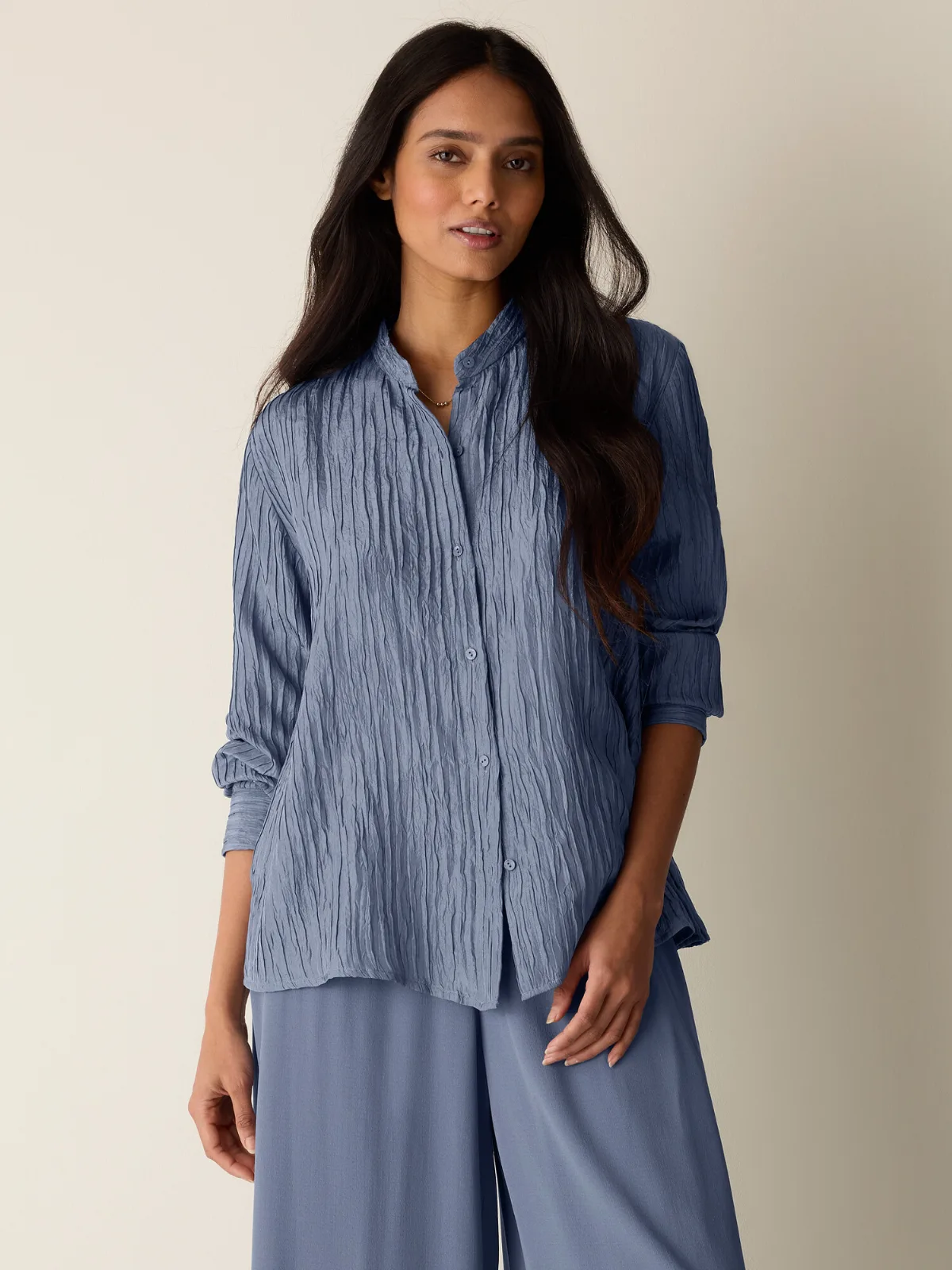 Textured Silk Jacquard Band Collar Shirt by EILEEN FISHER