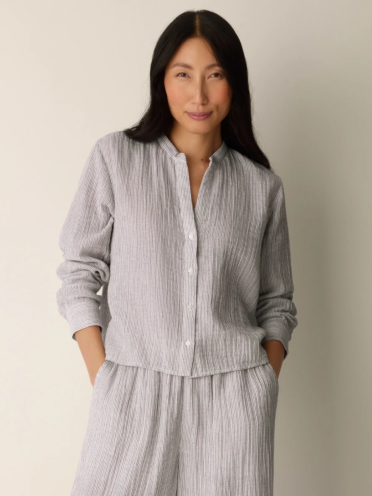 Striped Organic Cotton Gauze Band Collar Shirt by EILEEN FISHER