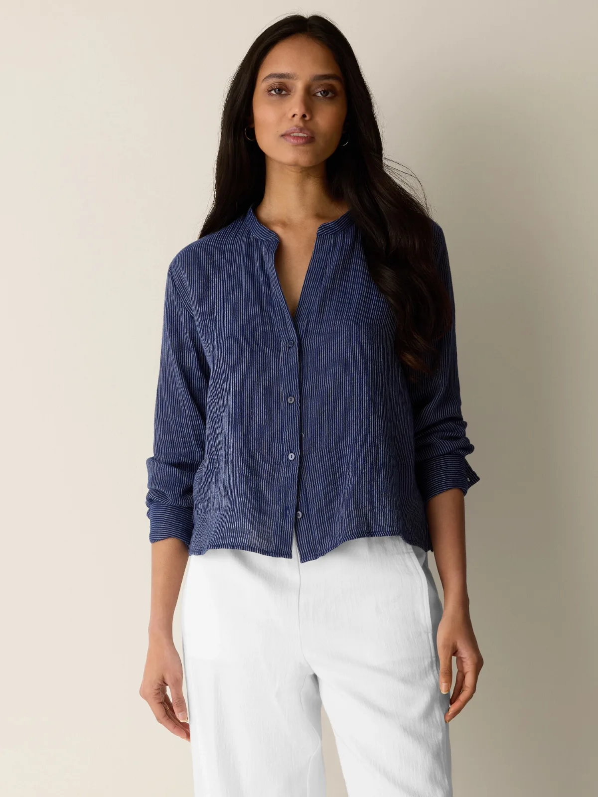 Striped Organic Cotton Gauze Band Collar Shirt