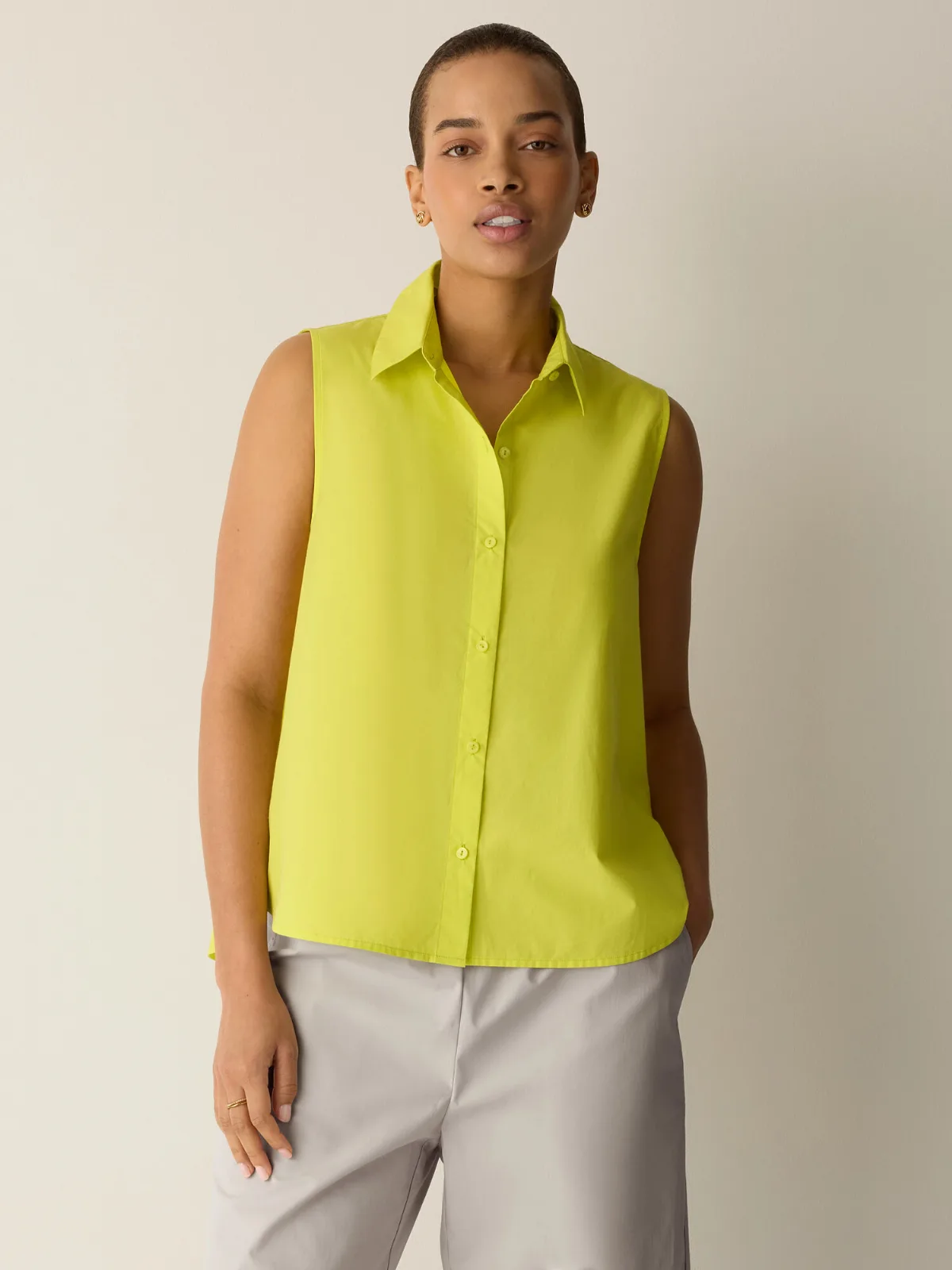 Organic Cotton Poplin Classic Collar Sleeveless Shirt by EILEEN FISHER