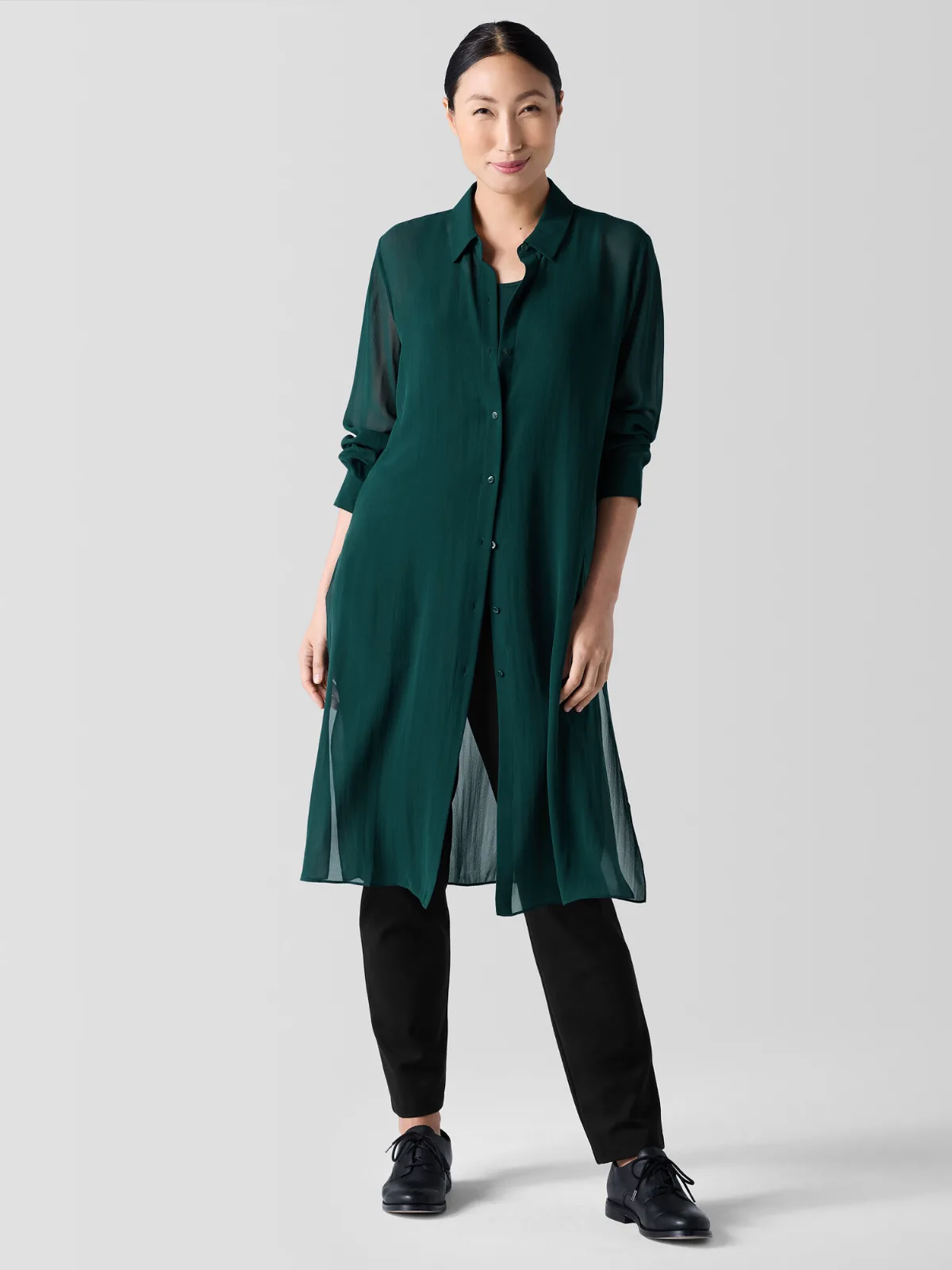 Sheer Silk Georgette Classic Collar Long Shirt by EILEEN FISHER