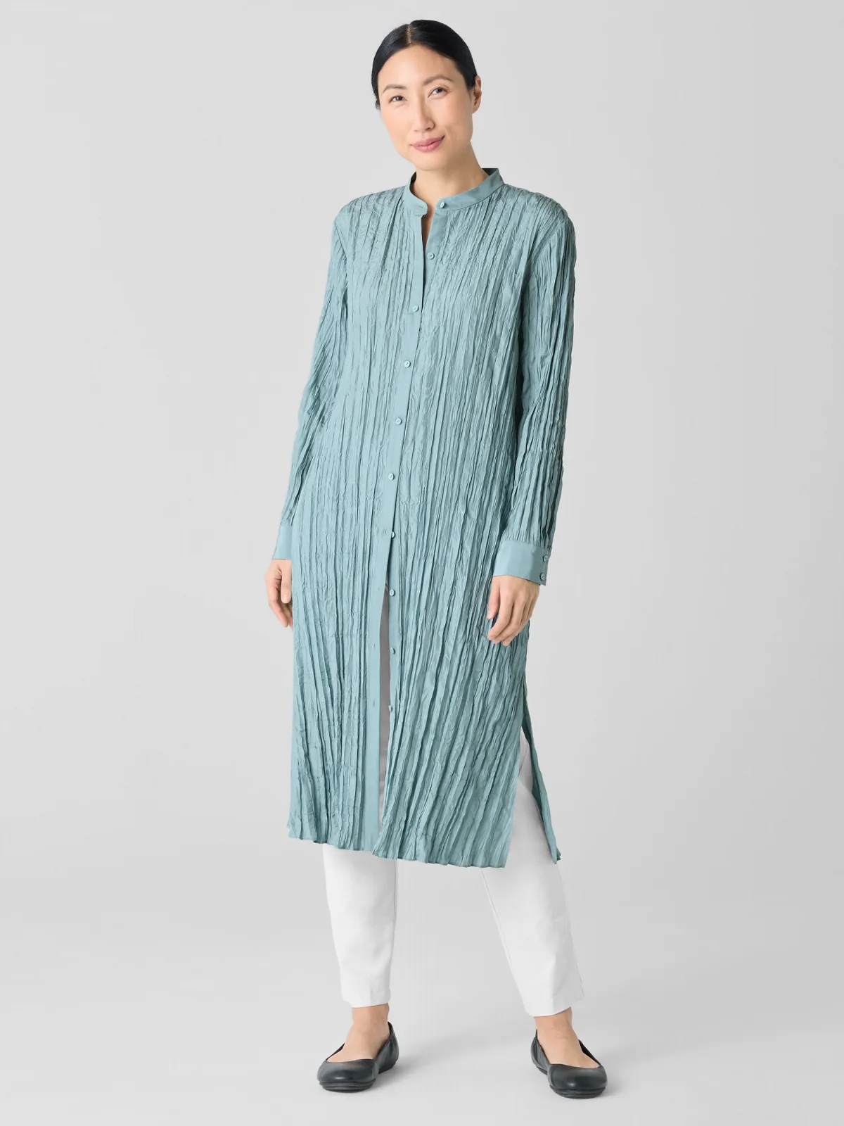 Crushed Silk Band Collar Long Shirt