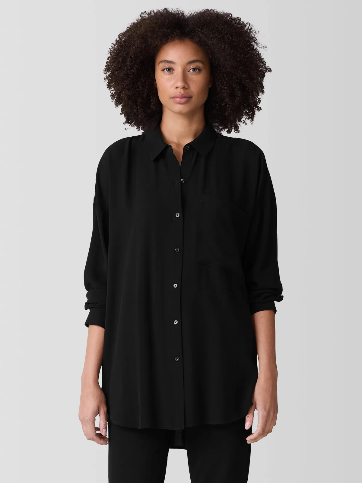 Silk Georgette Crepe Classic Collar Long Shirt by EILEEN FISHER