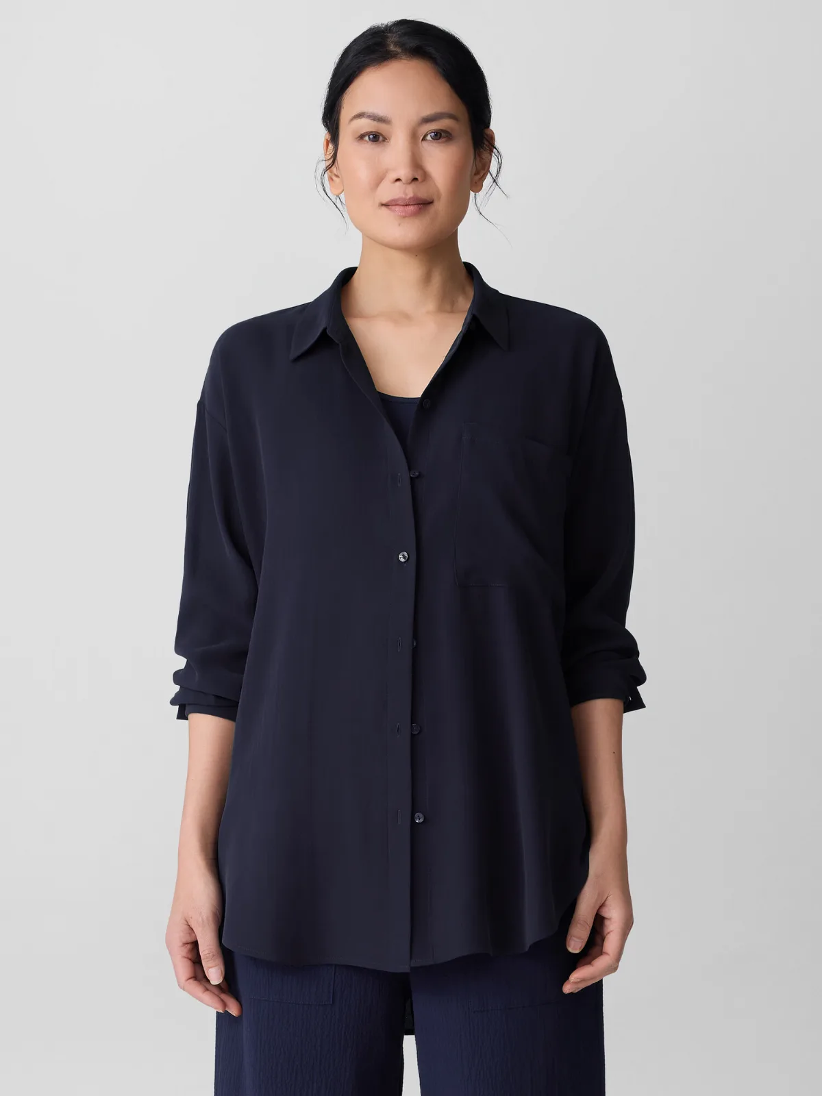 Silk Georgette Crepe Classic Collar Long Shirt