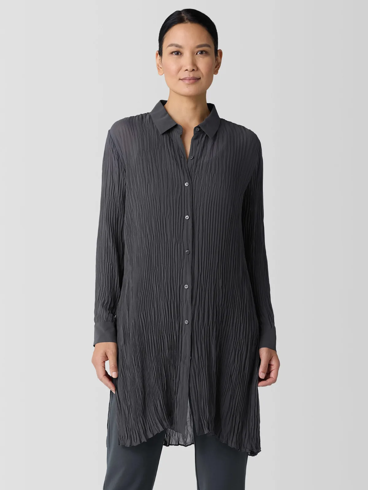 Crinkled Sheer Silk Georgette Long Shirt