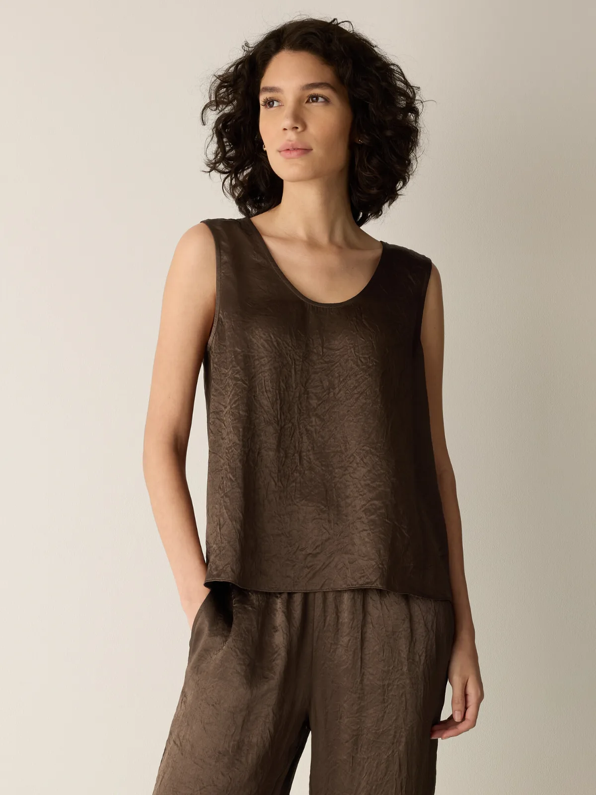 Textured Satin Curved V-Neck Tank by EILEEN FISHER