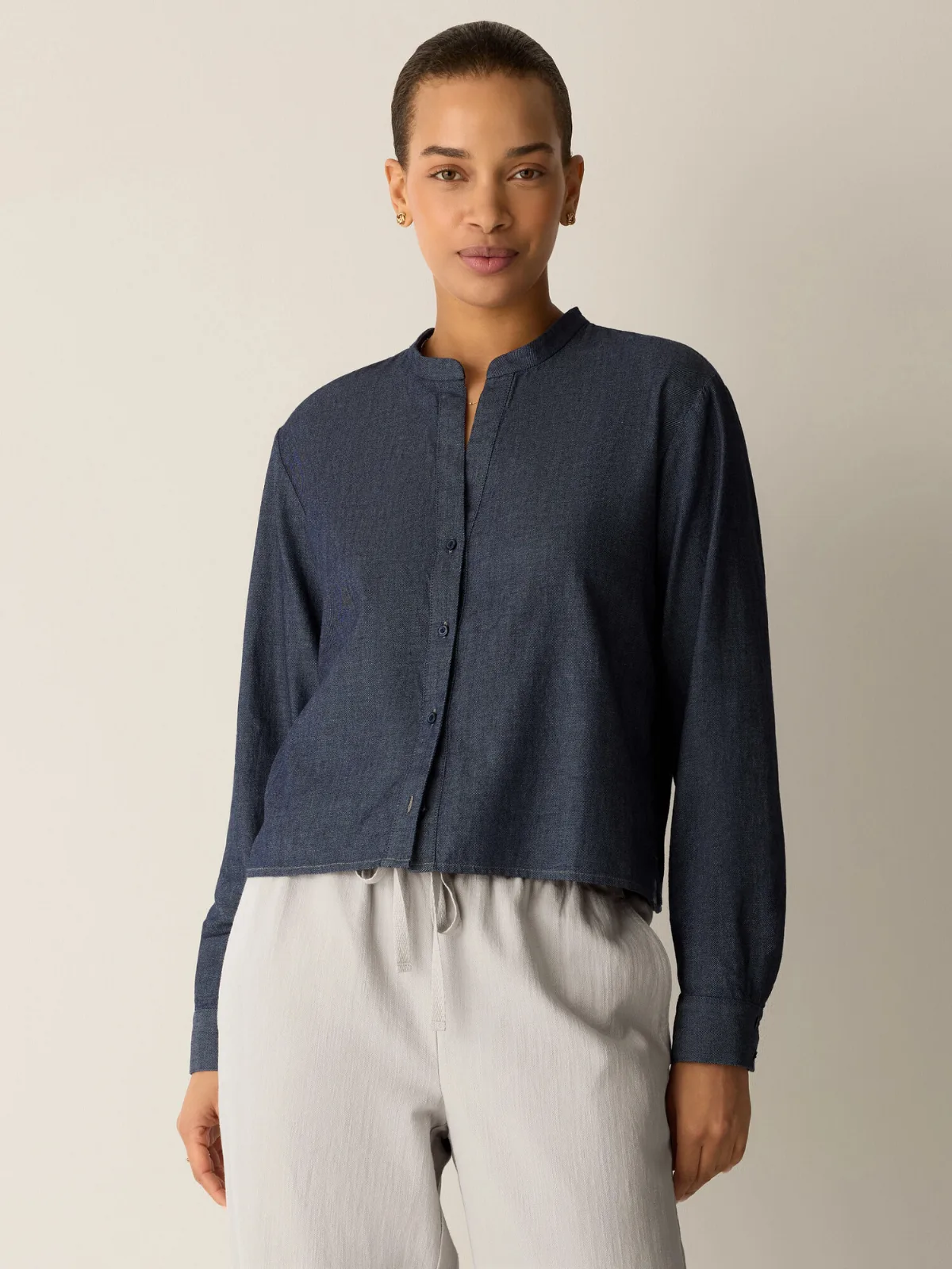 Airy Organic Cotton Twill Band Collar Shirt - Denim