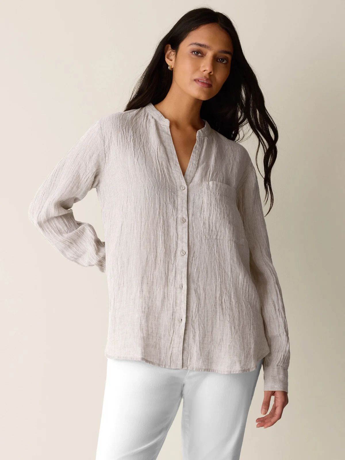 Puckered Organic Linen Stripe Band Collar Shirt