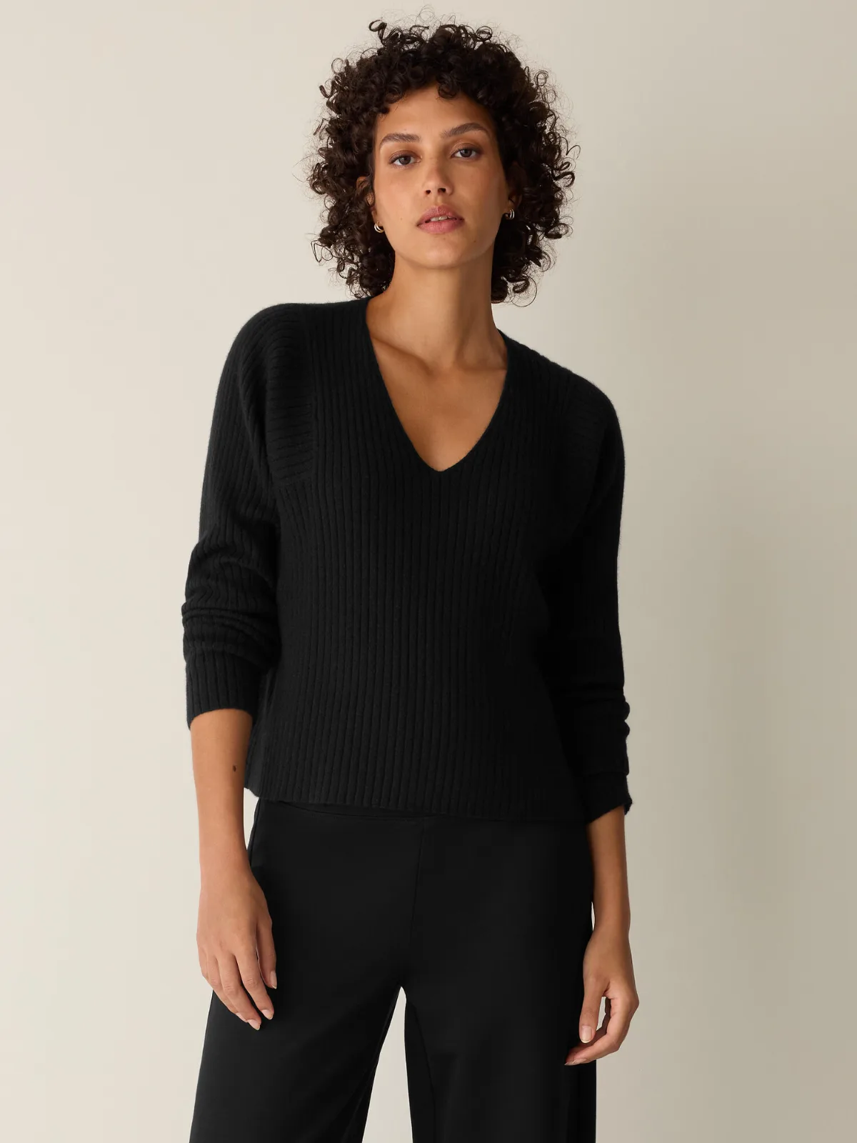 Italian Cashmere Ribbed V-Neck Top