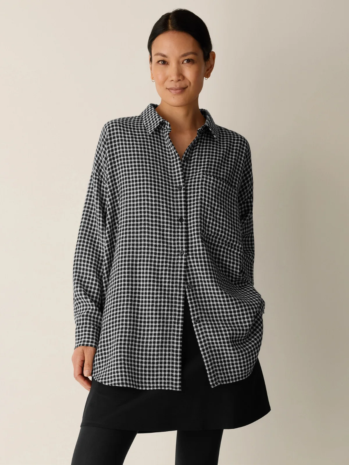 Wool Cotton Check Classic Collar Long Shirt by EILEEN FISHER
