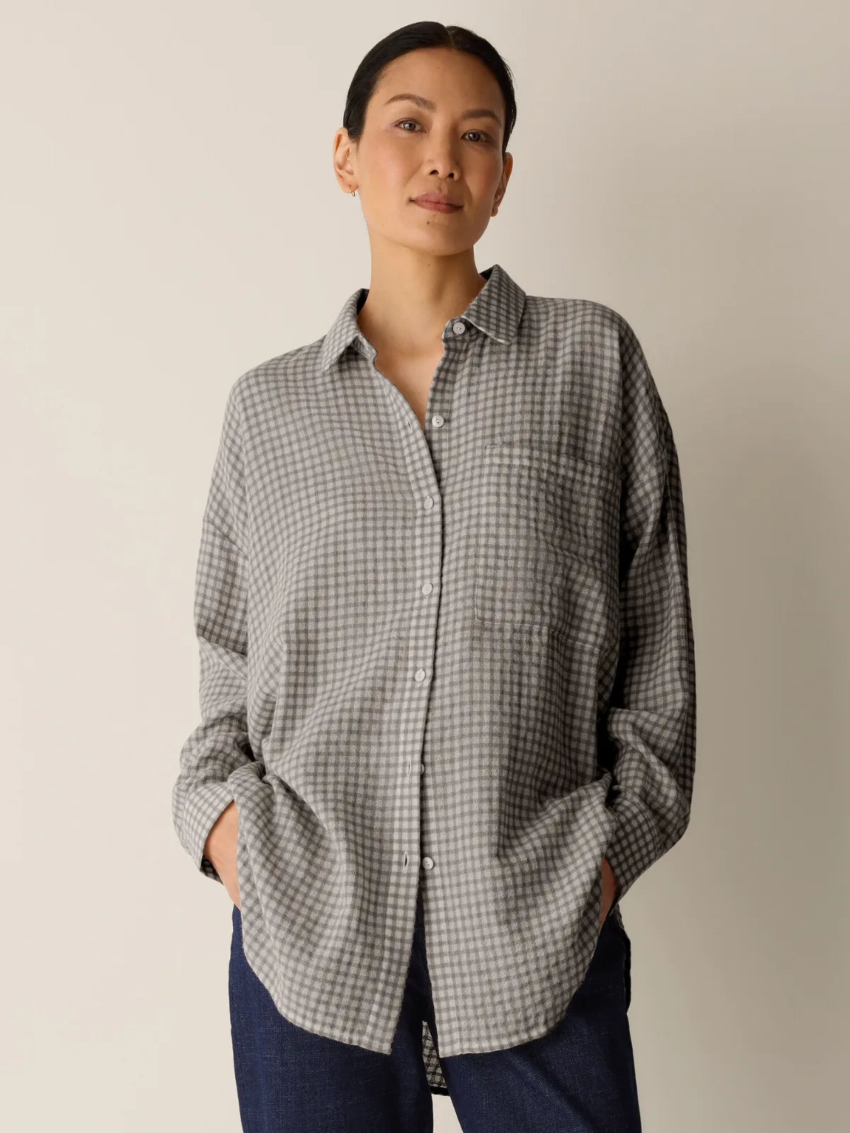Wool Cotton Check Classic Collar Long Shirt