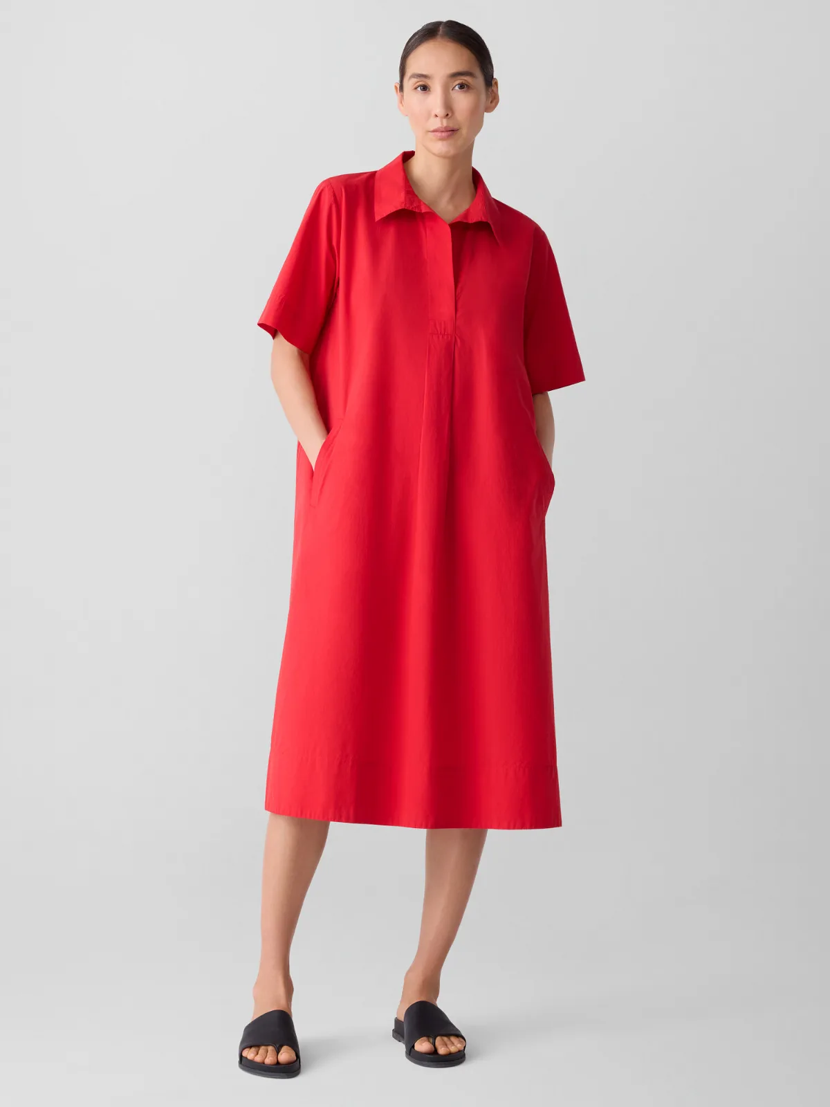 Washed Organic Cotton Poplin Split Neck Dress