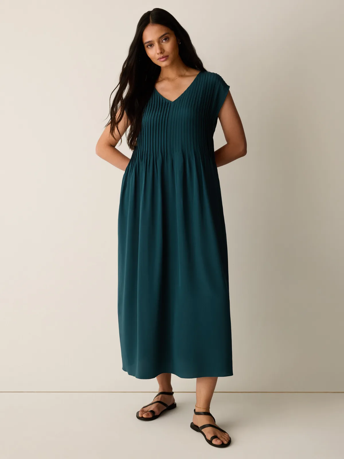 Silk Crepe De Chine V-Neck Dress by EILEEN FISHER