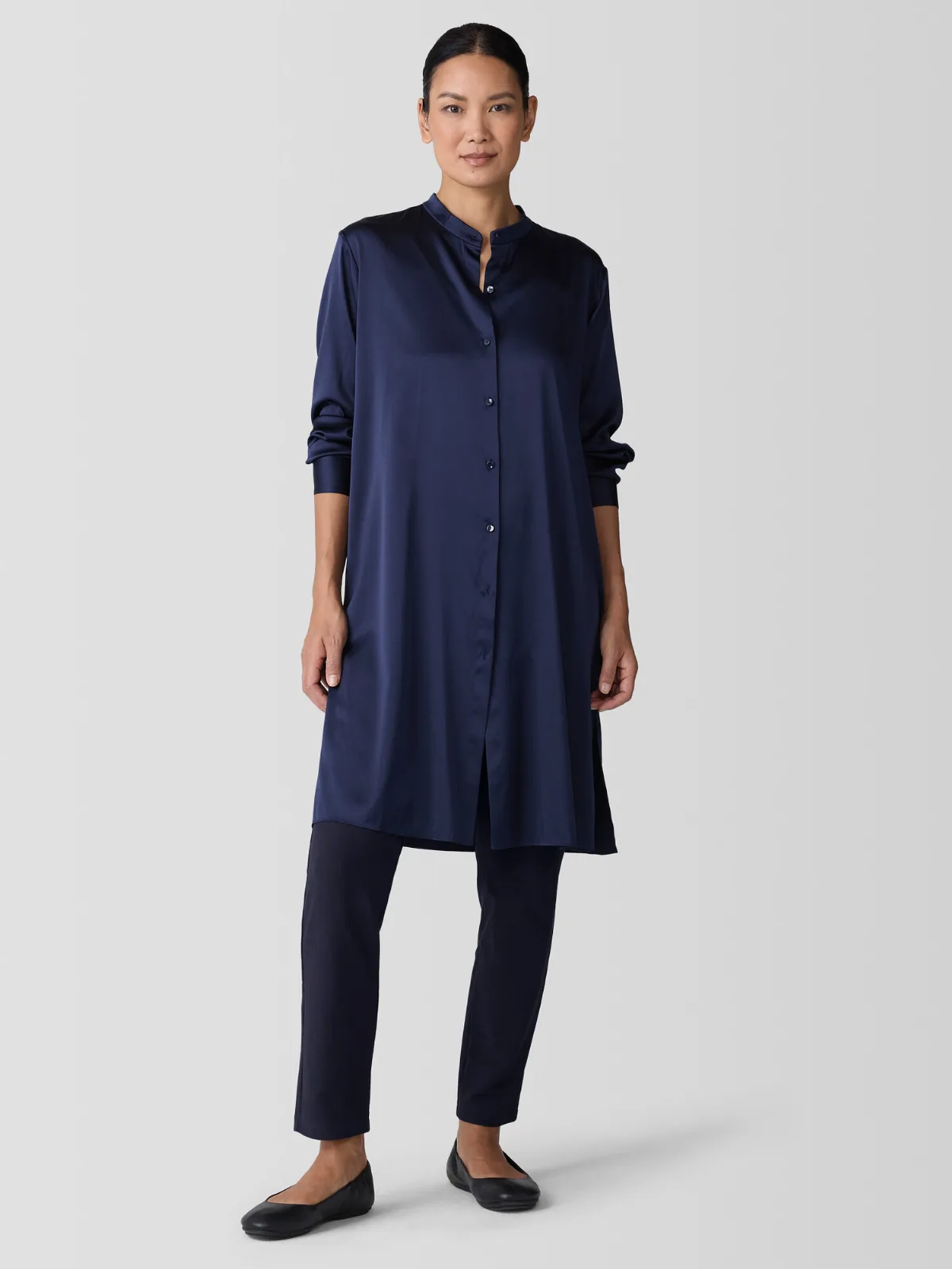 Stretch Silk Charmeuse Band Collar Long Shirt