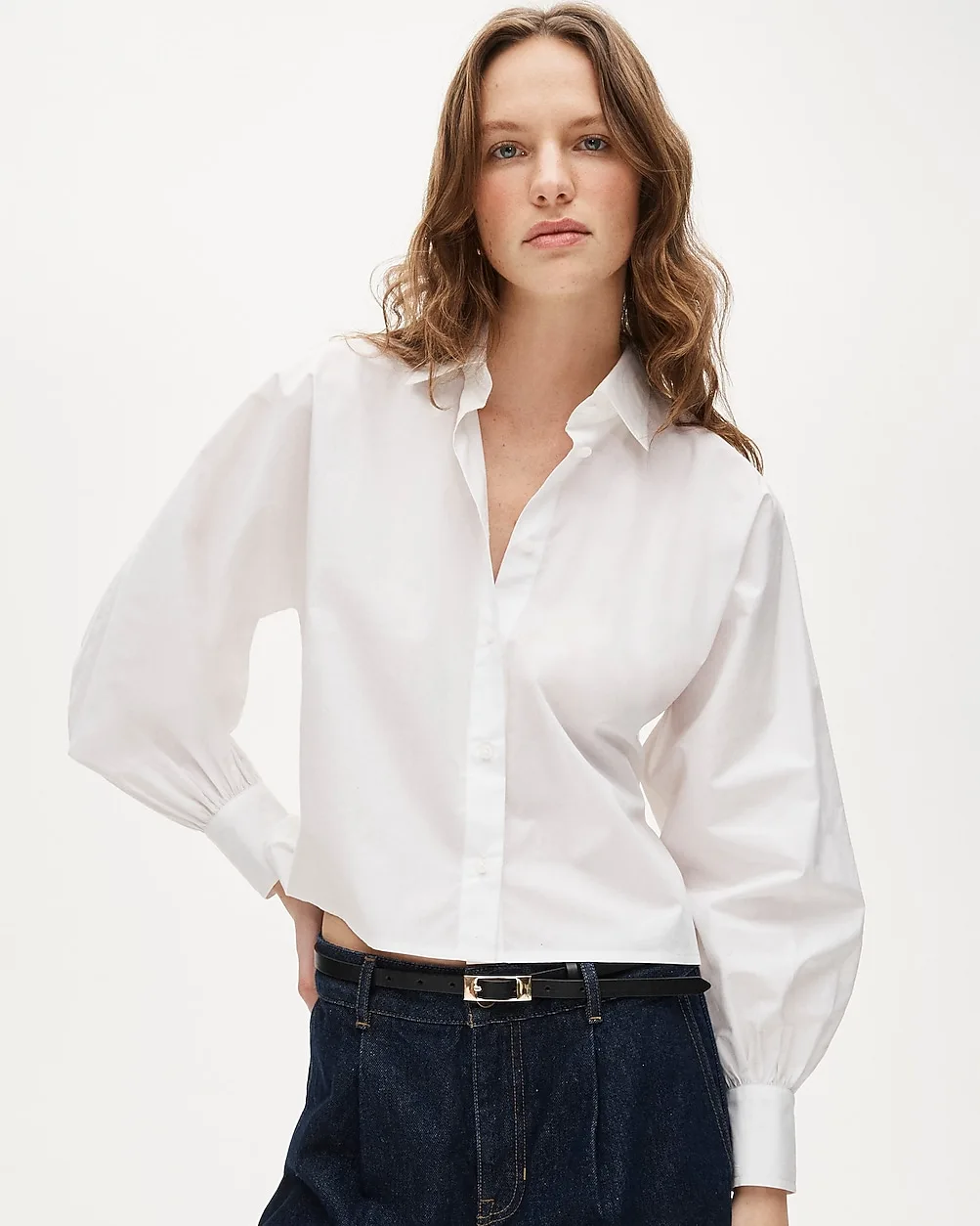 Dolman-Sleeve Button-Up Shirt in Cotton Poplin