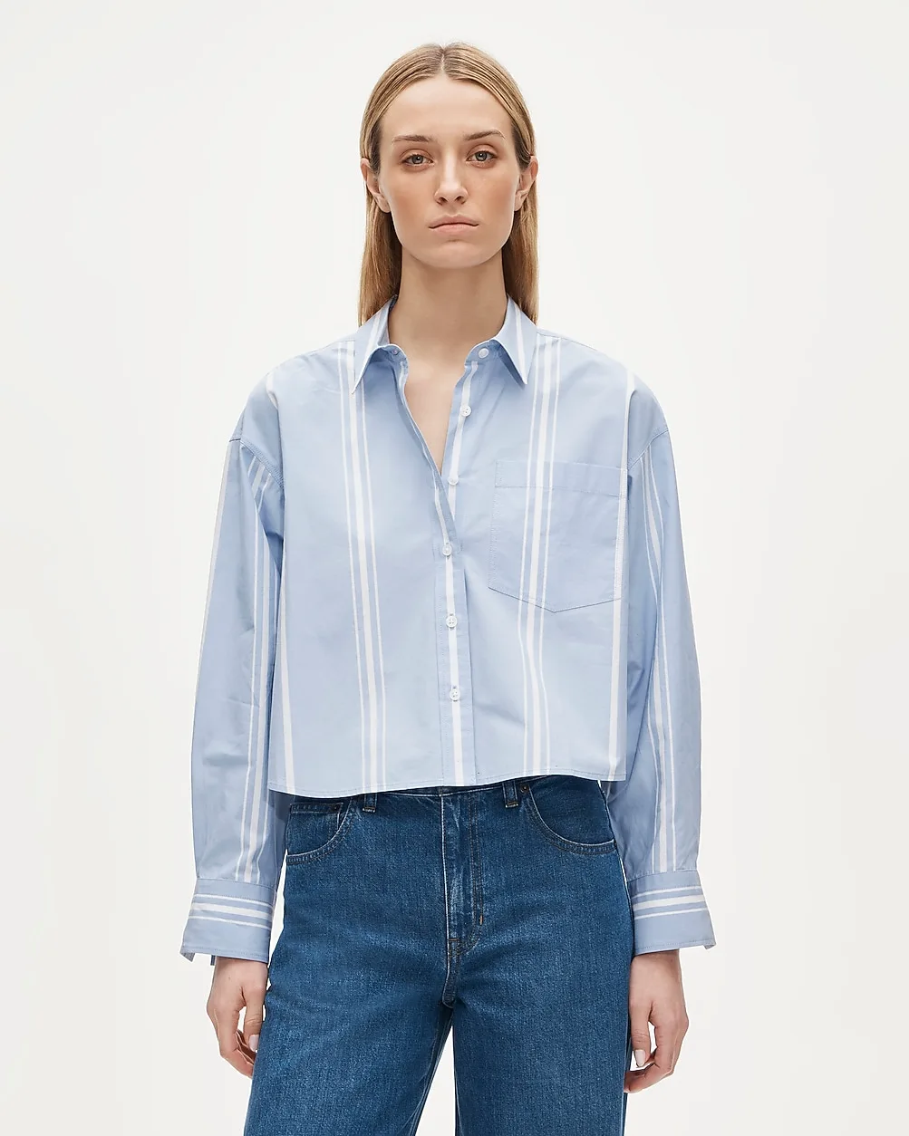 Étienne Cropped Button-Up Shirt in Striped Cotton Poplin