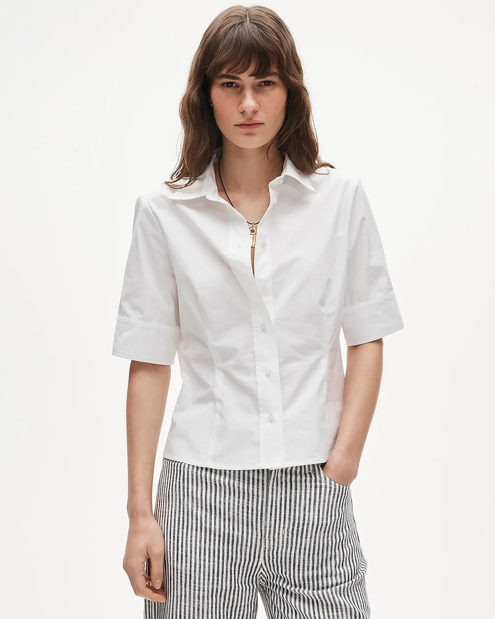 Eleanor Slim-Fit Elbow-Sleeve Button-Up Shirt in Cotton Poplin